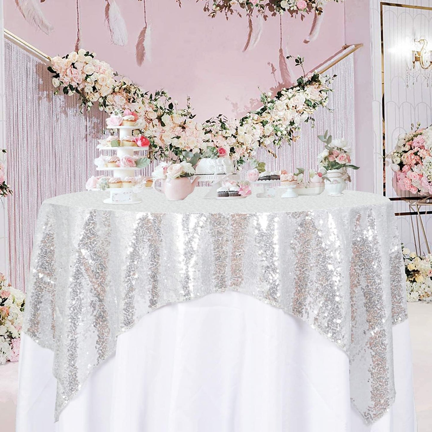 ShinyBeauty Silver Tablecloths 36X36 Inch 2 Pieces Sequin Table Cloth for Party Sparkle Table Cloths Square Small Grey Shimmer TableclothOverlay for Wedding Birthday Cake Tables