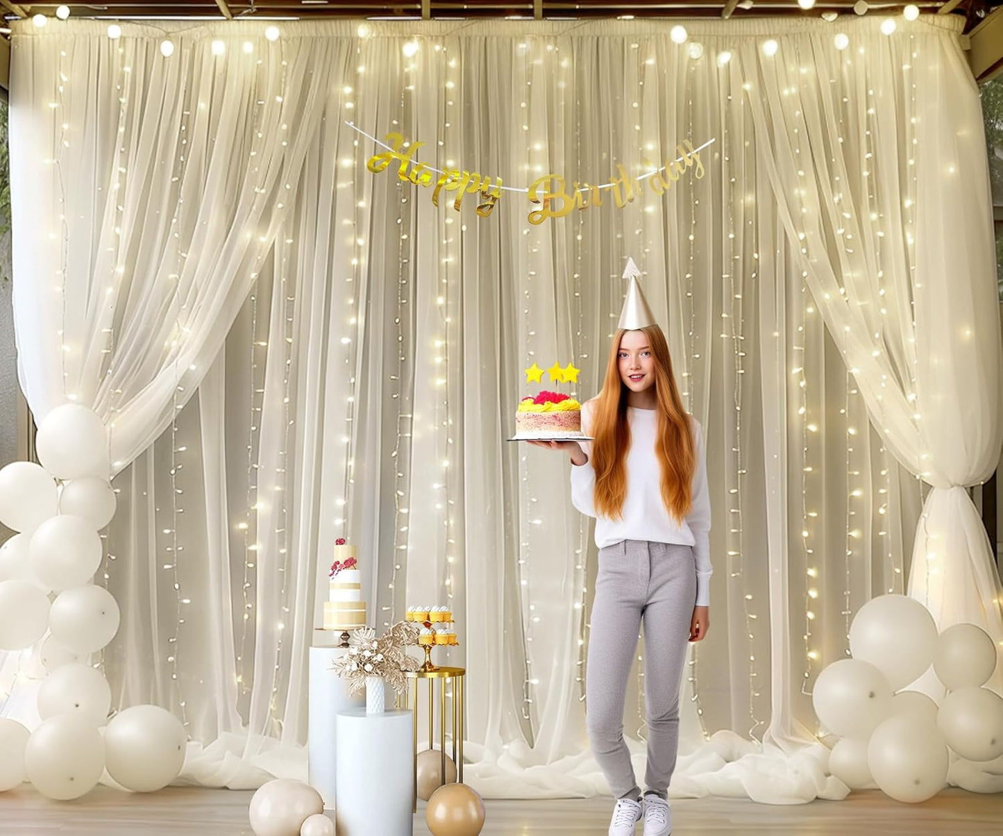 20ft x 10ft Ivory Tulle Photo Backdrop Curtain with Lights String for Parties Wedding Sheer Ivory Curtain Backdrop for Birthday Party Bridal Shower Photo Booth Photography Background Decorations