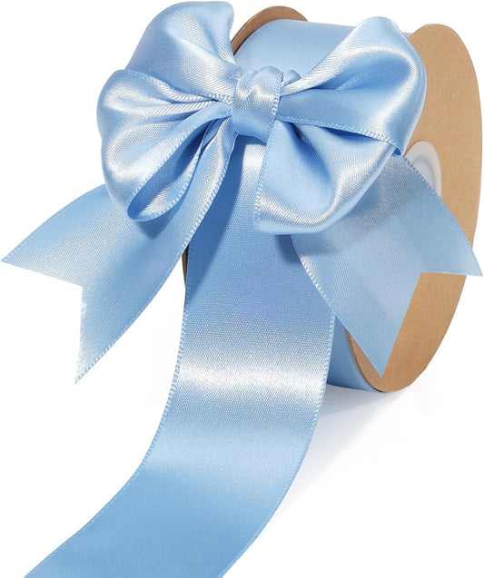 LaRibbons Light Blue Satin Ribbon 1 1/2 Inch 25 Yards Luxury Double Faced Blue Silk Ribbon for Flower Bouquet Crafts Gift Wrapping Wedding Party Babyshower Decoration