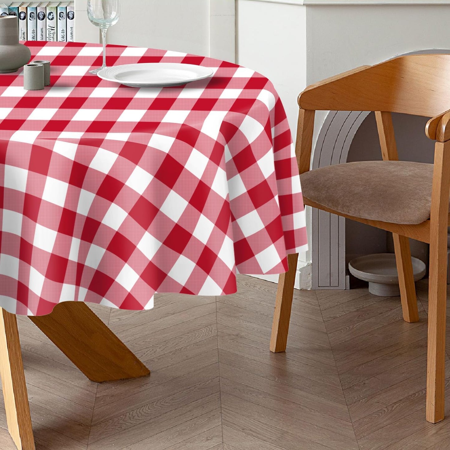 QIKSION Red Gingham Round Tablecloth 12 Pack, 84 Inch Plastic Checkered Table Cover Disposable for Parties