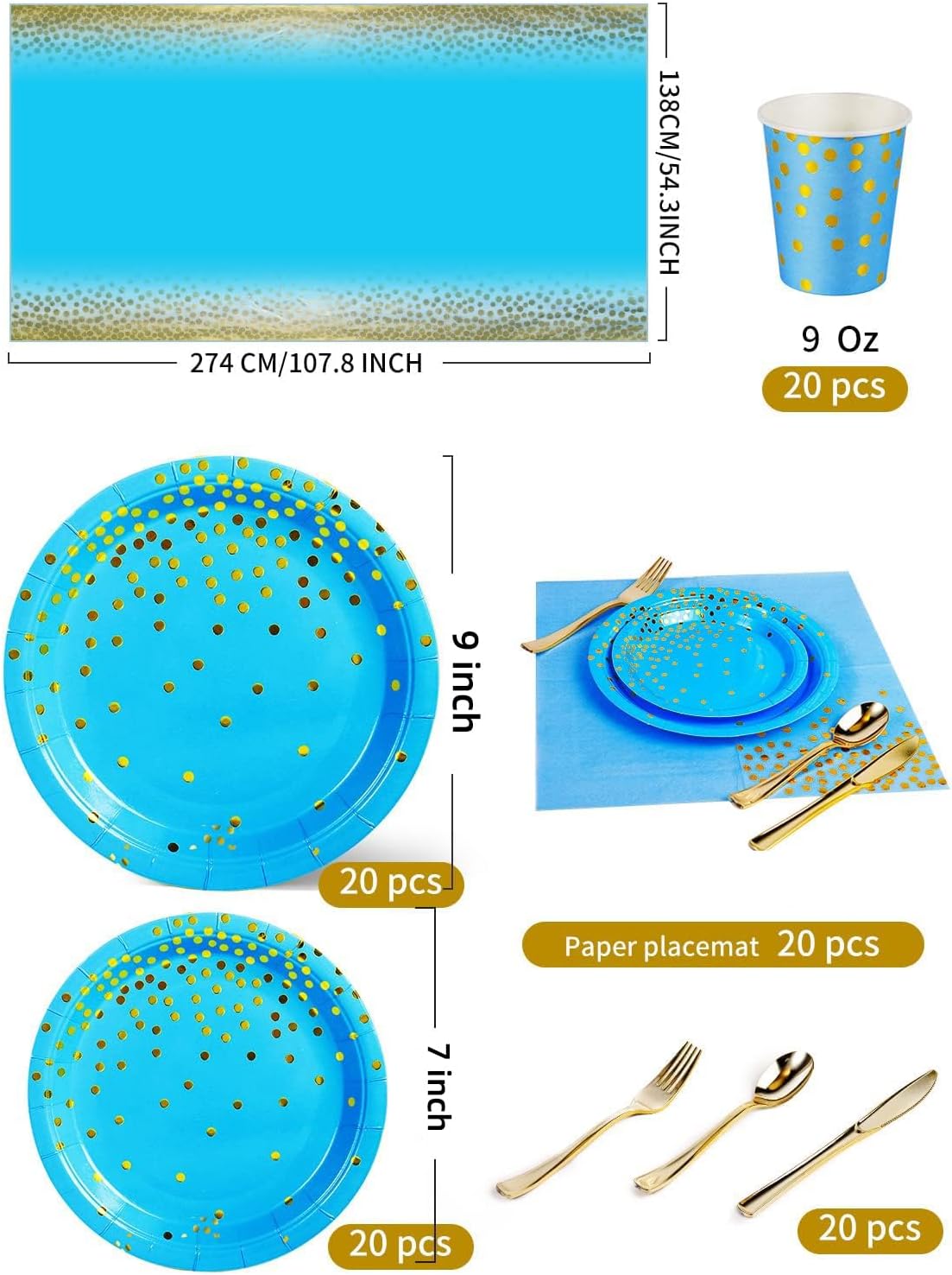 141 Pieces Sky Blue Gold Party Supplies, Party Dinnerware Sets Include Paper Plates Napkins Cups Silverware, for Wedding Bridal Shower Engagement Birthday Parties Decoration -20 Serves