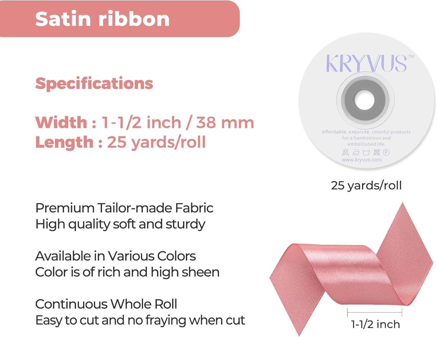 Rose Gold Satin Ribbon 1-1/2 inch X Continuous 25 Yards, Single Face Polyester Ribbon Perfect for Gift Wrapping, Flower Bouquet, Wedding Decor, Crafts, Bow Making, Sewing and More