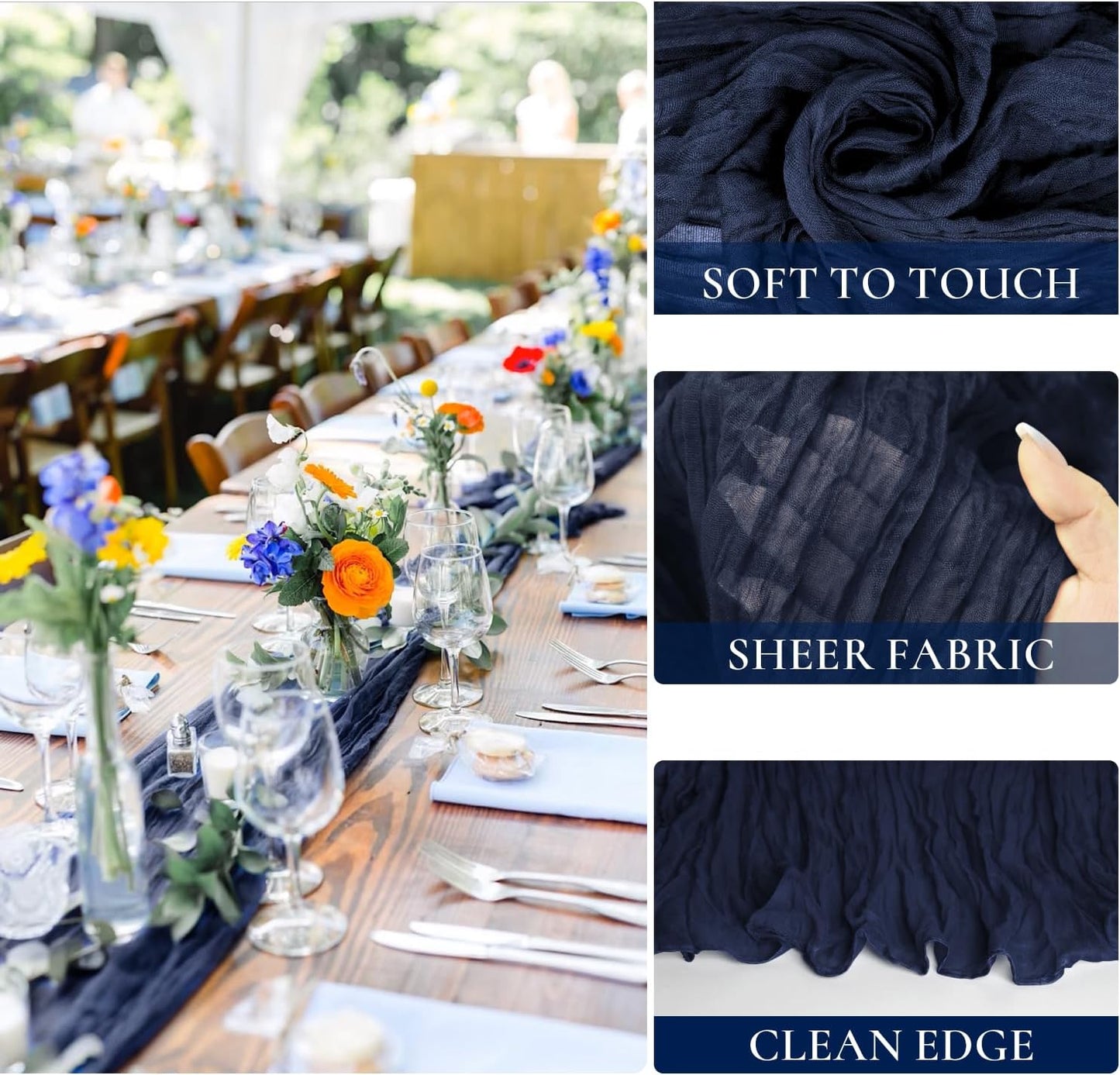 6 Pack Navy Blue Cheesecloth Table Runner Summer 10FT Sheer Navy Cheese Cloth Table Runners Boho Gauze 120 Inches Summer Table Decorations for Wedding Bridal Baby Shower Tea Party Decor