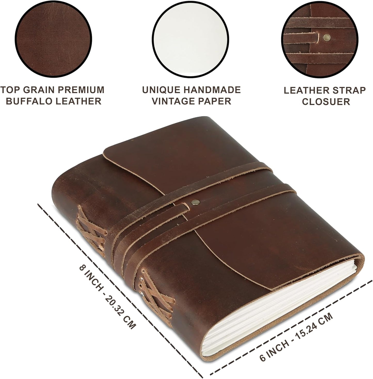 Dark Tan Leather Journal 8x6 | Handmade Vintage Notebook with Unlined Cotton Paper | Rustic Writing Diary & Sketchbook | Antique Travel Journal for Men & Women