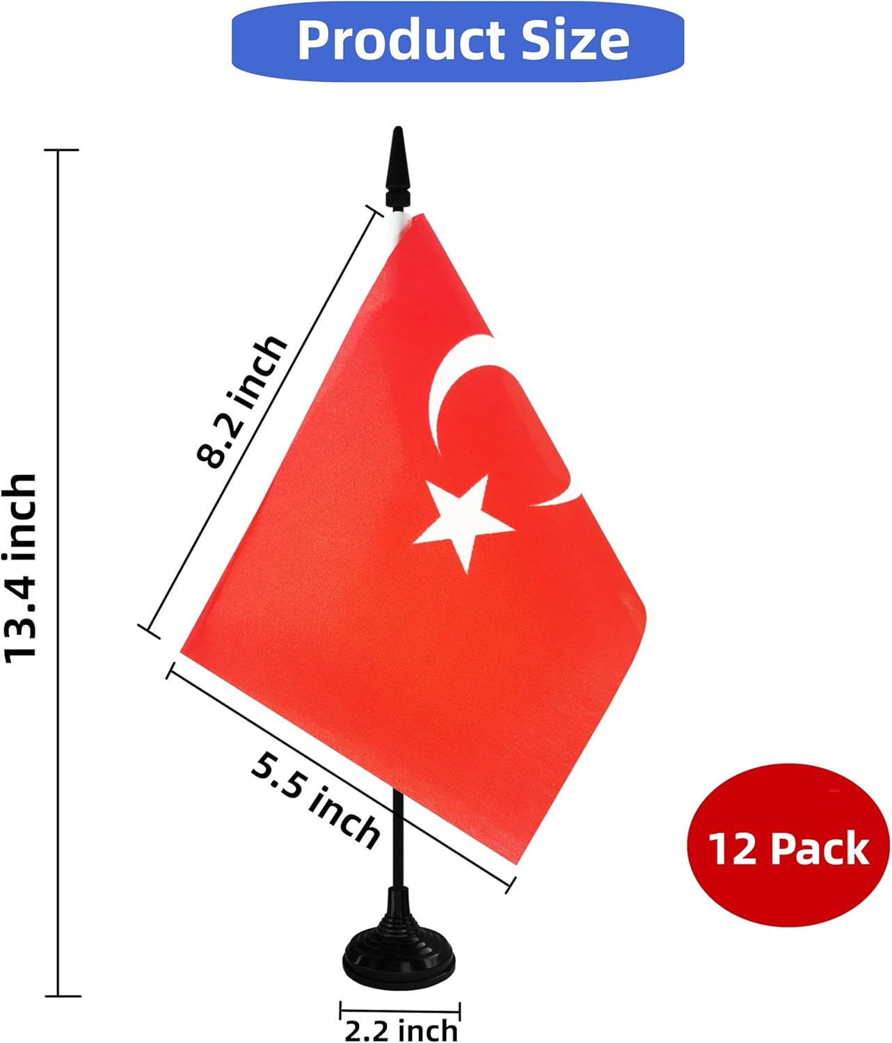 Turkey Desk Flag, 12 Pack Turkish Table Office Flag with Black Solid Pole and Stand Base, International Country Flag, Festival Celebration, Classroom Meeting Desktop Decor (Turkey)