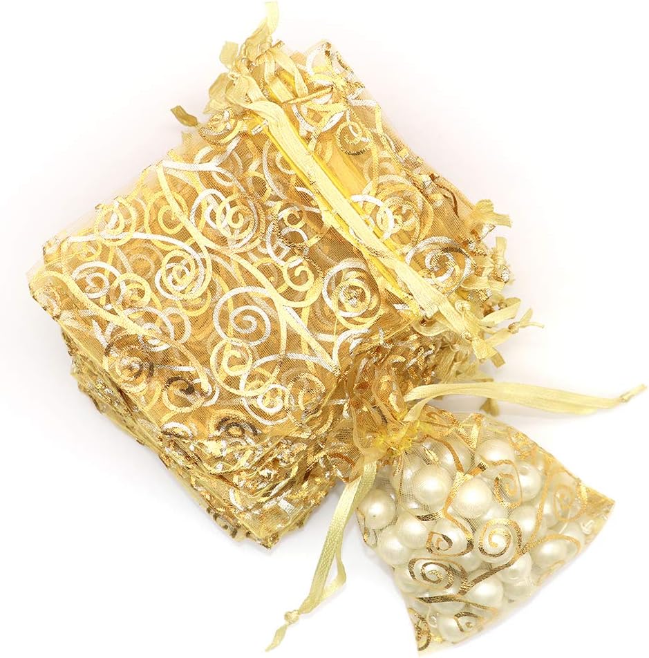 Staruby Organza Gift Bag 100Pcs Gold Sheer Organza Bag Mesh Favor Bags Drawstring Jewelry Rattan Printed Gift Pouches for Wedding Party Favors Couple Shower Christmas Gifts Candy Bags (3x4 Inches)