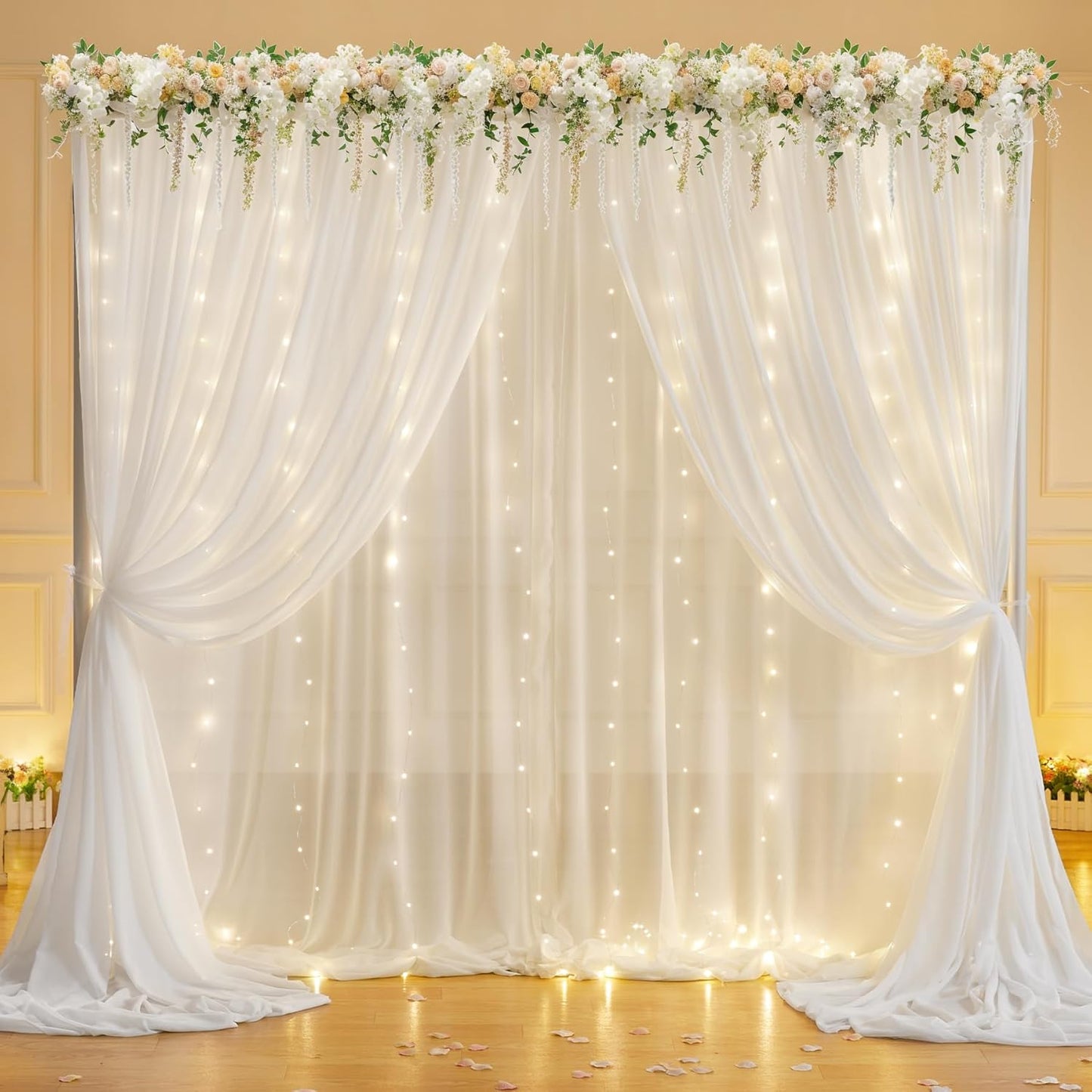 10ft x 7ft Cream White Chiffon Backdrop Curtain with Lights String for Parites Wedding Wrinkle Free Curtain Photo Backdrops Drapes for Baby Shower Birthday Party Home Decorations