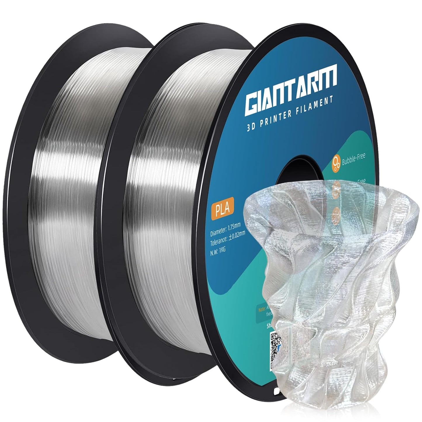 GIANTARM PLA Filament 2KG,Clear 3D Printer Filament 1.75mm,Neatly Wound Transparent PLA 2pcs 1kg Spool (2.2lbs),Dimensional Accuracy +/- 0.02 mm,Fit Most FDM 3D Printers