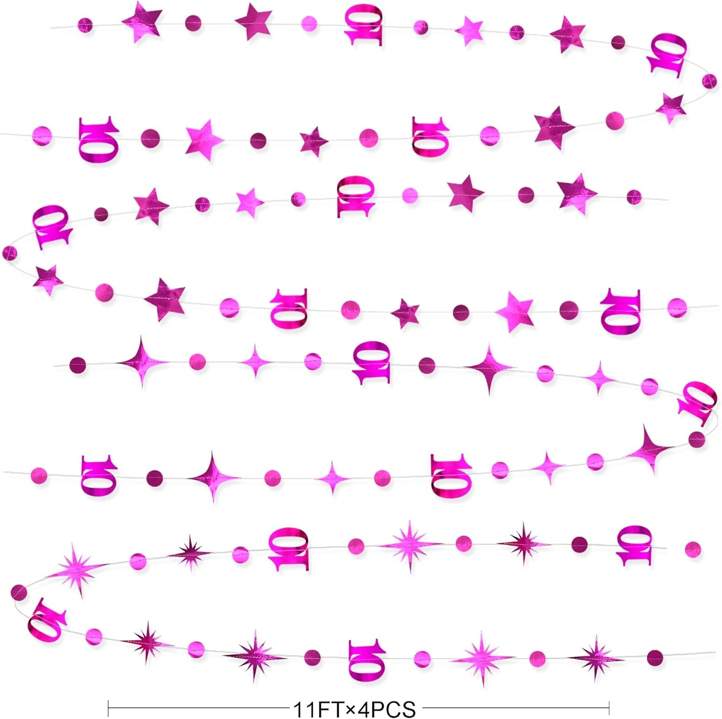 Hot Pink 10th Birthday Decorations Number 10 Circle Dot Twinkle Star Garland Metallic Hanging Streamer Banner Backdrop for Girls Double Digits Ten Year Old Birthday 10th Anniversary Party Supplies