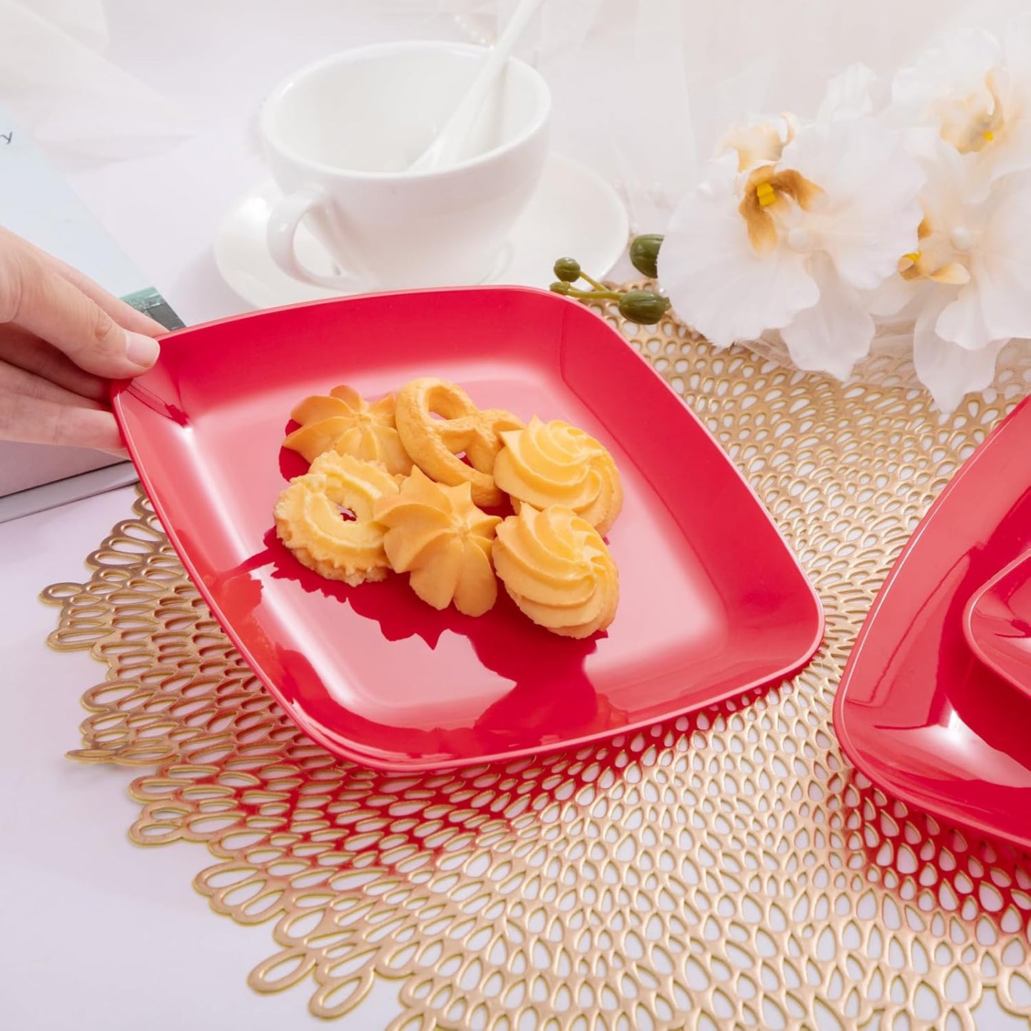 PULOTE 60PCS Red Square Plastic Plates - Red Christmas Disposable for Party Include 30 Dinner and 30 Dessert Plates for 30 Guests