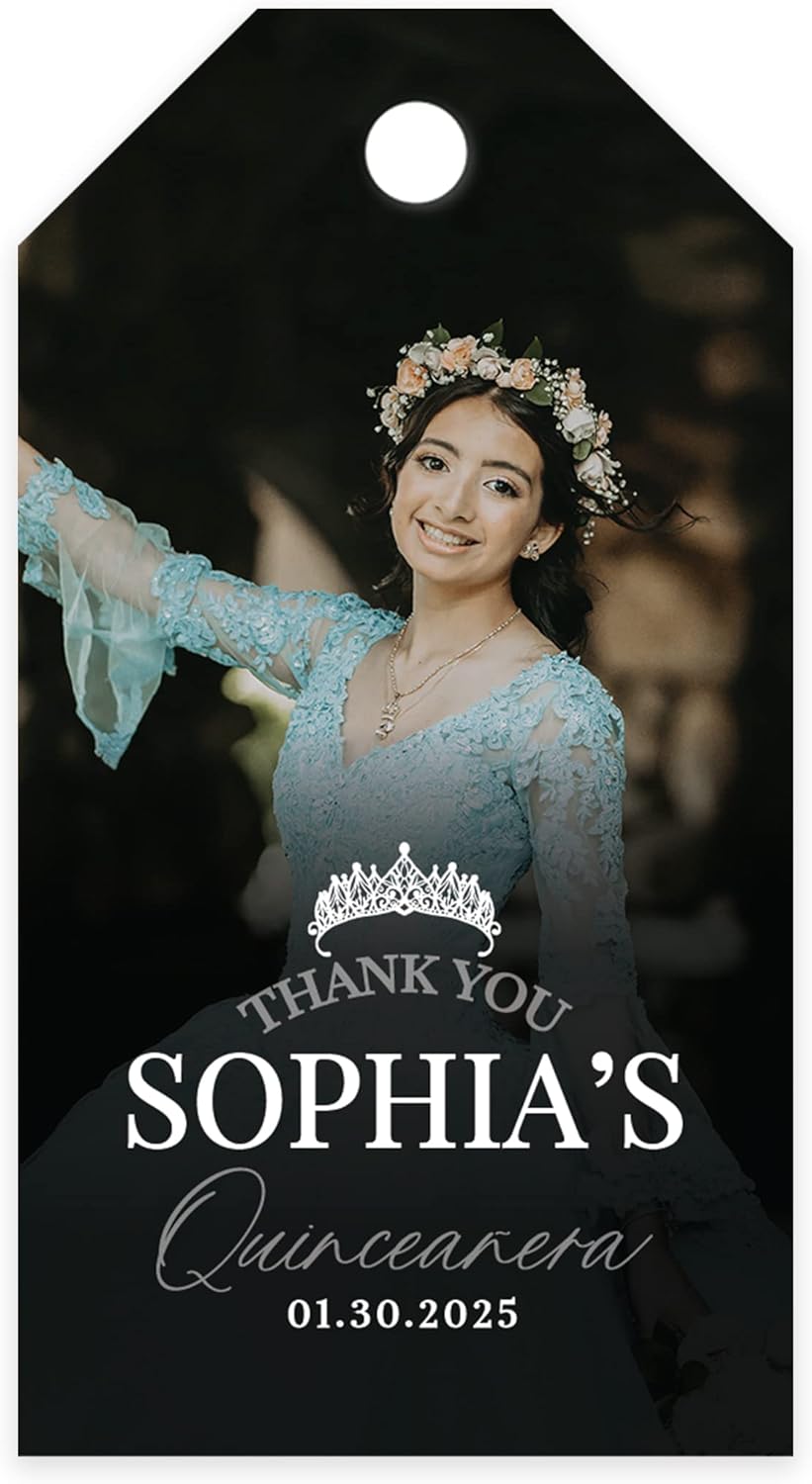Andaz Press 40-Pack Personalized Quinceañera Favor Tags with String, Classic Thank You Gift Tags with Custom Photo Crown for Quince Años XV 15th Birthday Favor Gifts, Quinceanera Decorations