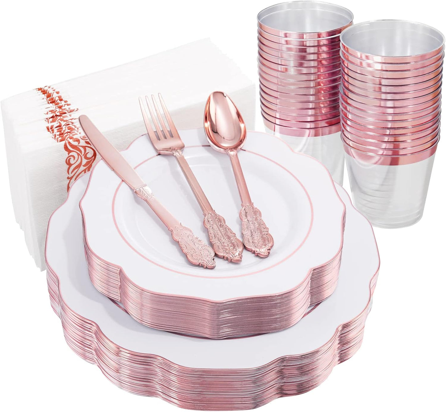 NOCCUR 175PCS Rose Gold Plastic Plates with Disposable Silverware - Include 25Dinner Plates, 25Dessert Plates, 25Forks, 25Knives, 25Spoons, 25Cups, 25Napkins for Wedding&Party