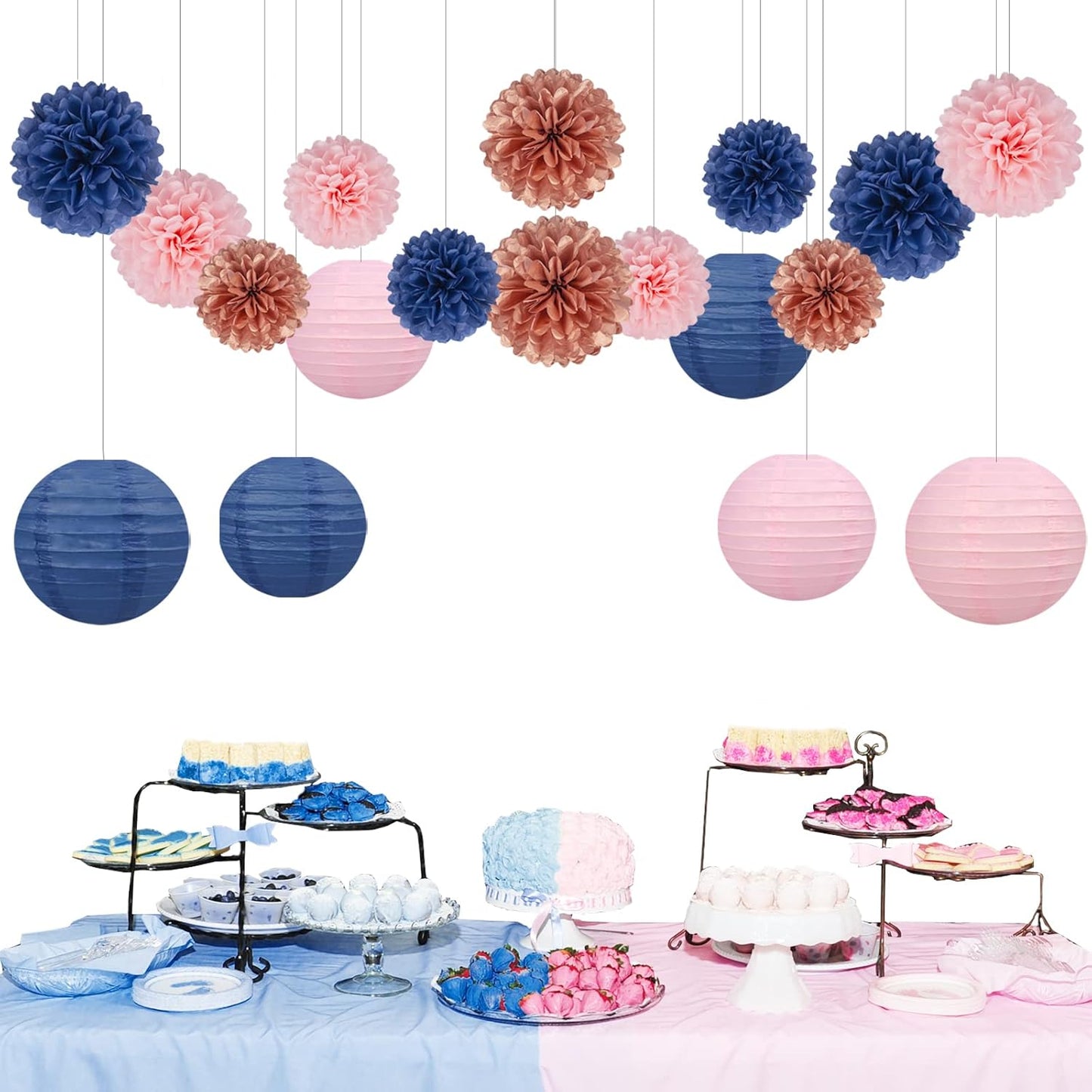 Rose-Gold Navy-Blue Pink Party Decorations - 18pcs Gender Reveal Decor,Tissue Pom Poms Event Supplies,Paper Flowers,Paper Lanterns,Baby Shower decoration,Birthday,Engagement,Bachelorette,Wedding