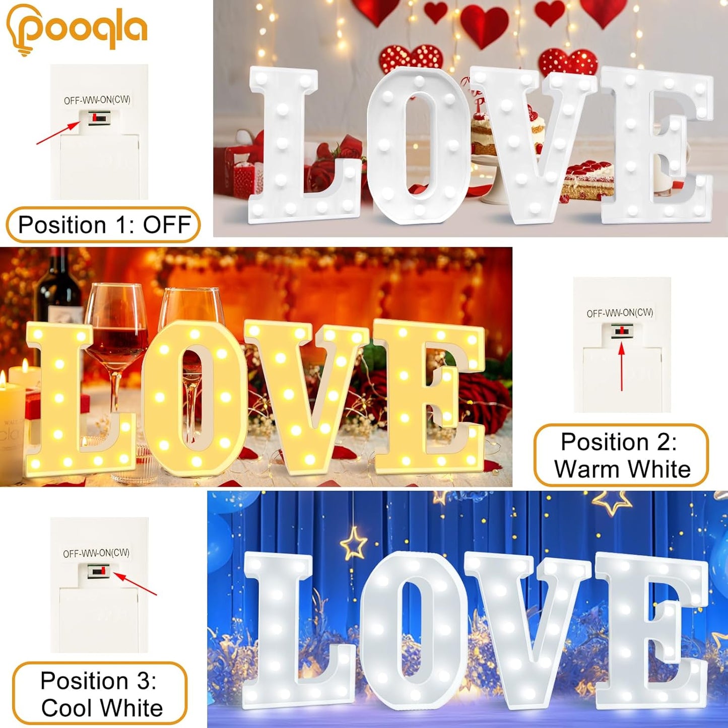 Pooqla LED Marquee Letter Lights, Warm White and Cool White Decorative Lighted Letters, Light Up Alphabet Letters for Boys Girls, Party, Wedding, Bar, Night Light, Birthday Decoration, Letter E