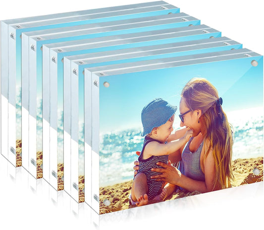 HELPLEX 5 Pack 4x6 Acrylic Picture Frames, 20mm Thicker Frameless Clear Frame Double Sided Magnetic Frame, Free Standing Desktop Display Stand Acrylic Frames