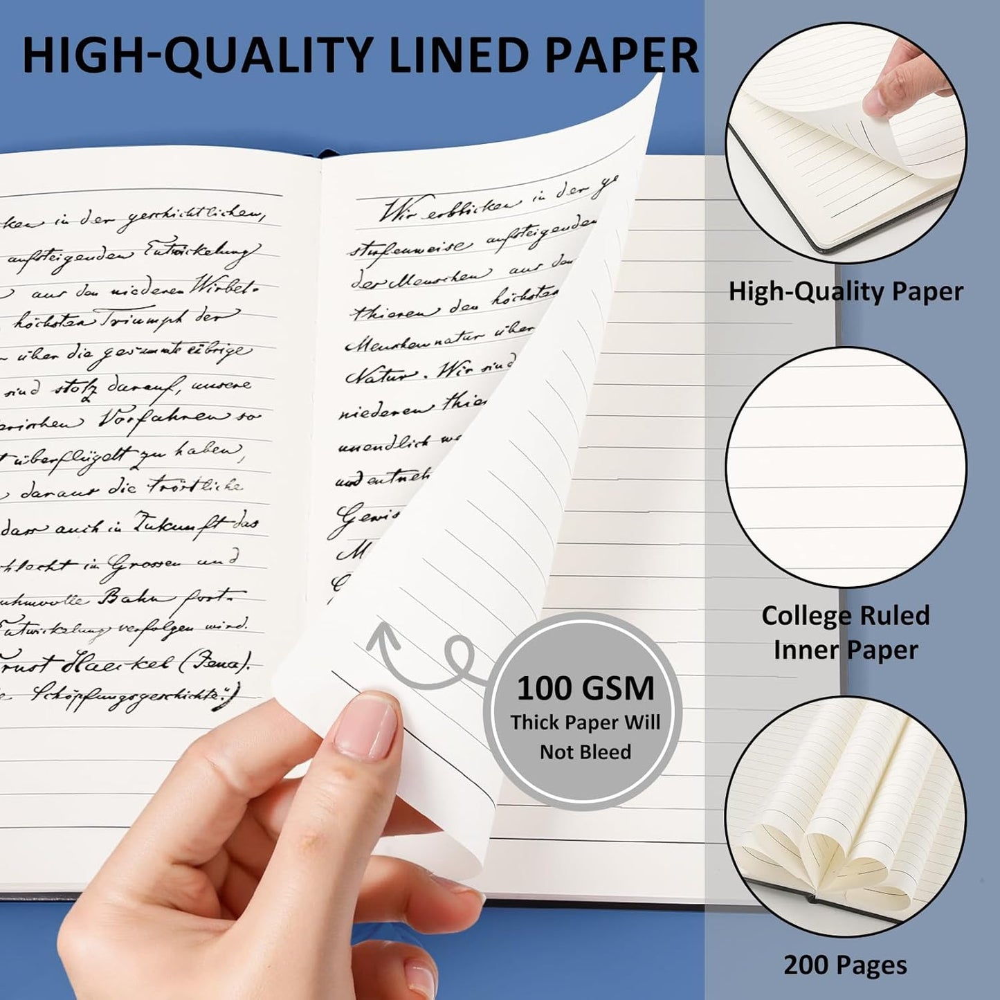 Lined Journal Notebook for Women Men, 200 Pages A5 Hardcover Leather Journals 5.7” x 8.3”, A5 College Ruled Notebooks with 100 GSM Thick Paper for Writing,Travel,School,Office,Work,Business(Black)