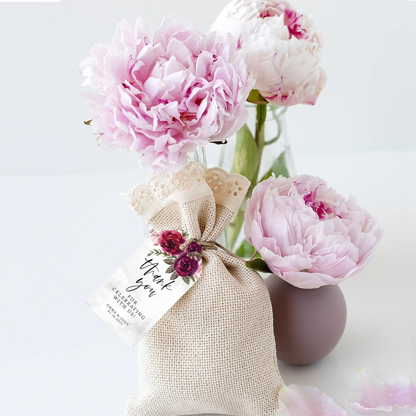 Andaz Press 100-Pack Personalized Thank You for Celebrating with Us Wedding Favor Tags with Bakers Twine Burgundy Florals Custom Cardstock Gift Tags for Wedding Party Favors 2 x 3.75-Inches