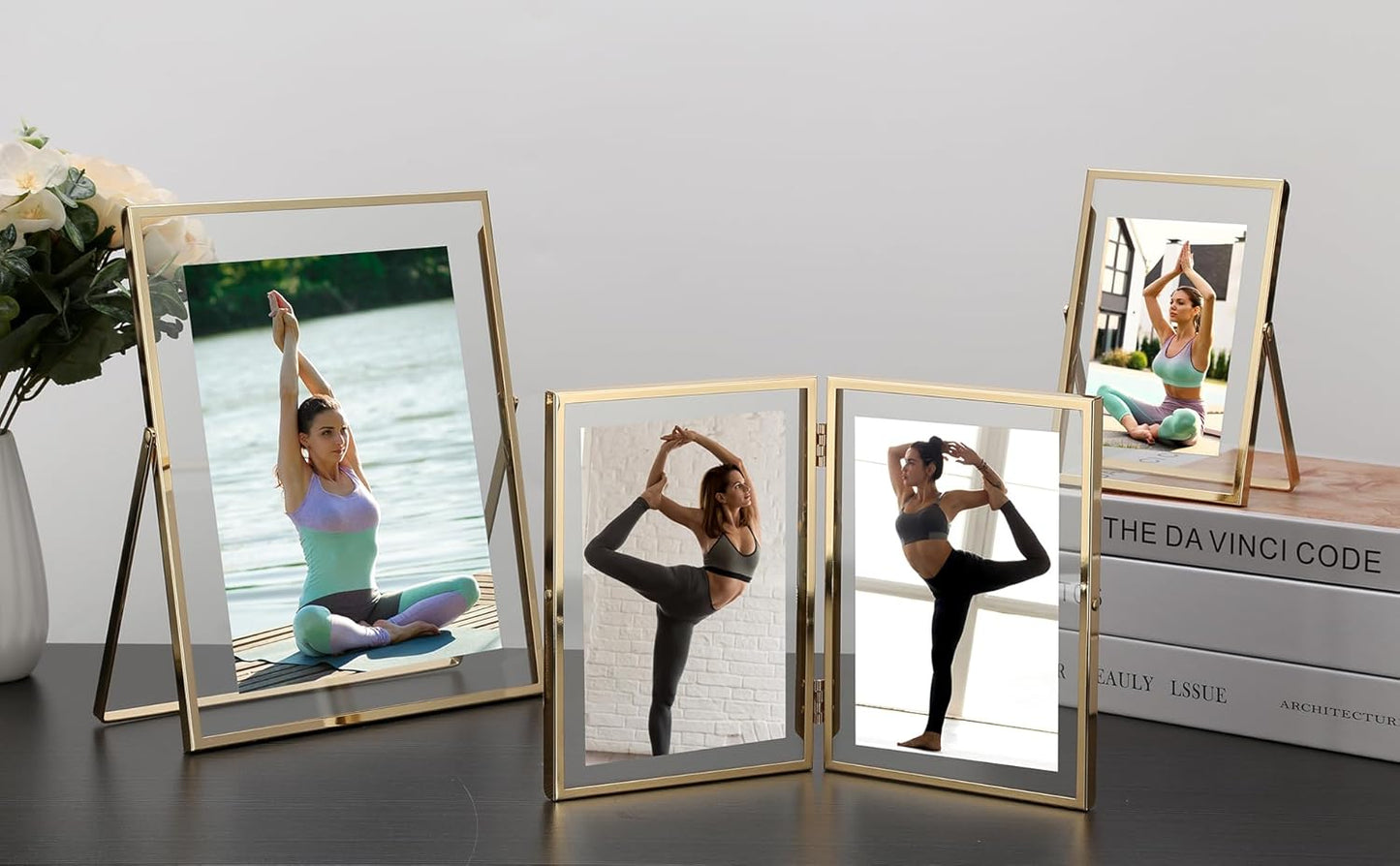 Gold 5x7'' Floating Frame Set of 2, For Photo Sizes 3.5x5'', 4x6'', 5x7'', Luxury Modern Gold Metal Frames for Tabletop/Shelf, Wedding, Birthday, Home or Office Decoration
