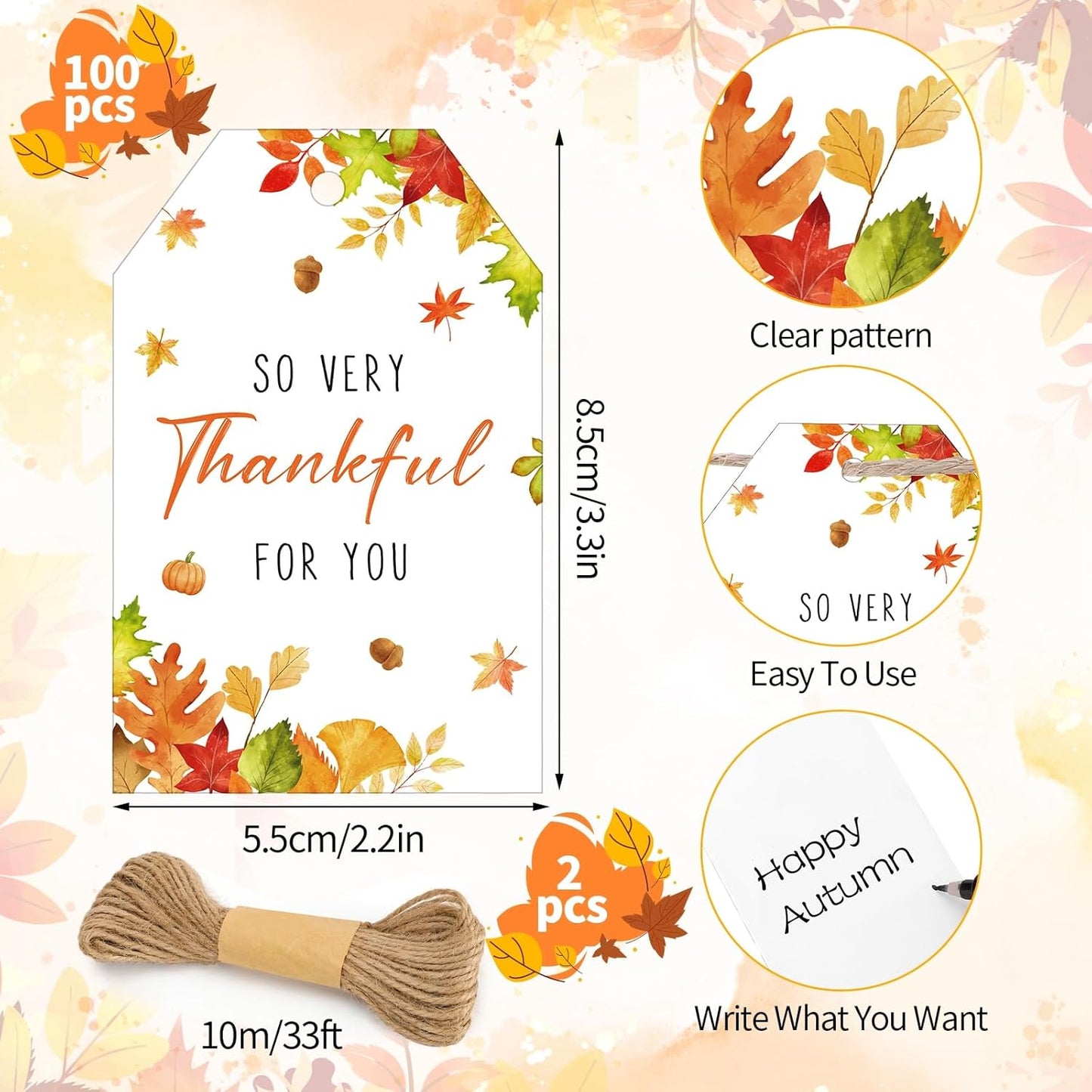 100PCS Thank You Gift Tags Fall Gift Tags with String So Thankful for You Tag for Thanksgiving Present Wrapping Wedding Autumn Holiday Party Favors