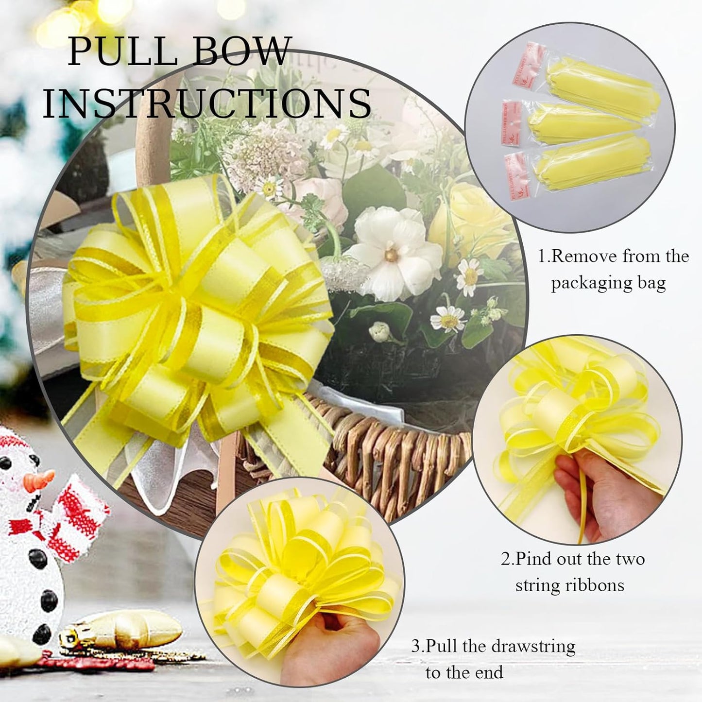 6 Pieces Large Pull Bows, 6 inches, Floral, Yellow, Organza, Wedding, Baby Shower, Bridal Shower, DECORATIVE RIBBON TRIM, 6 Count