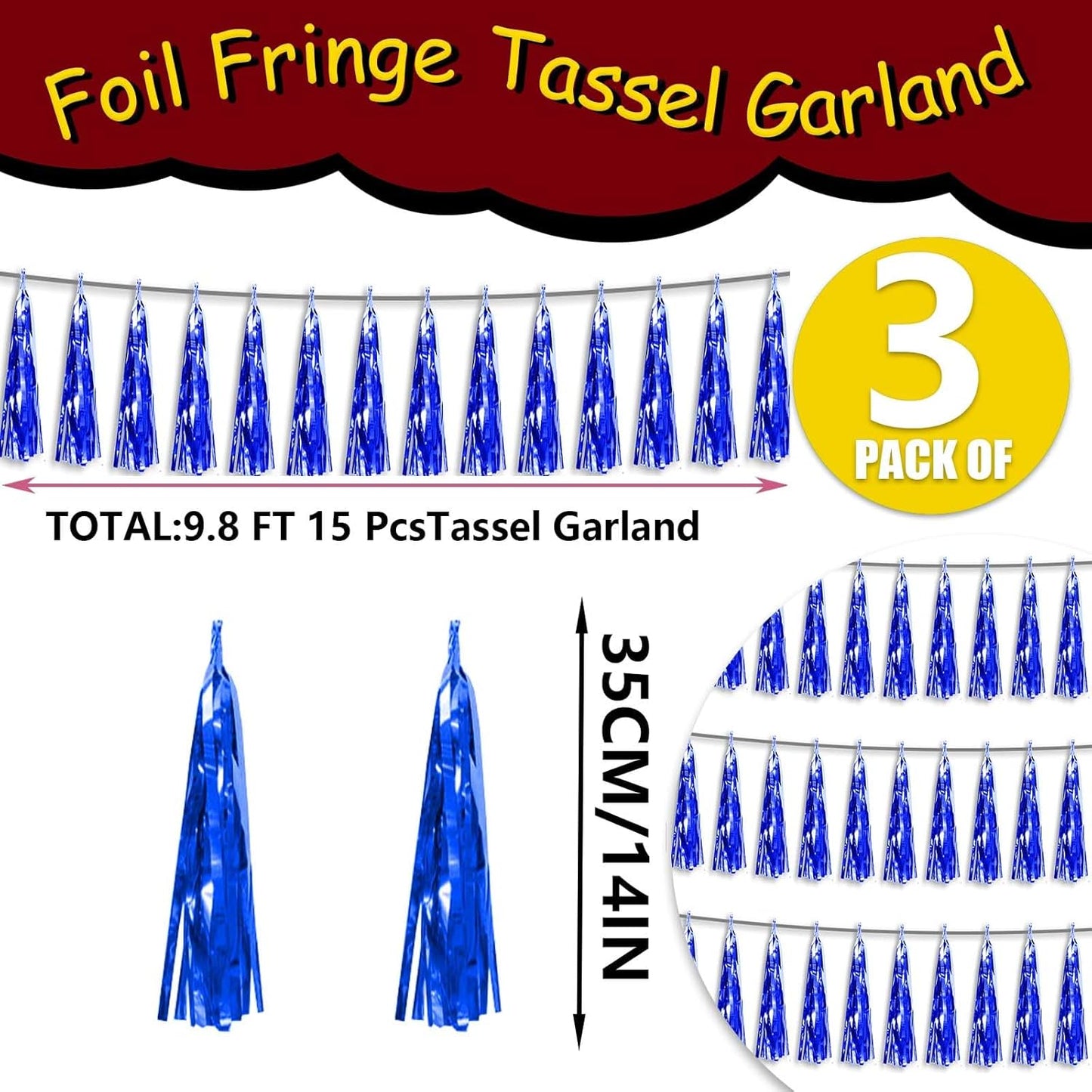 3P Metallic Fringe Tassel Banner Garland Foil Tinsel Streamer Wall Hanging Curtain Backdrop Banner for Parade Floats, Graduation Decorations, Retirement Party Decoration(Blue