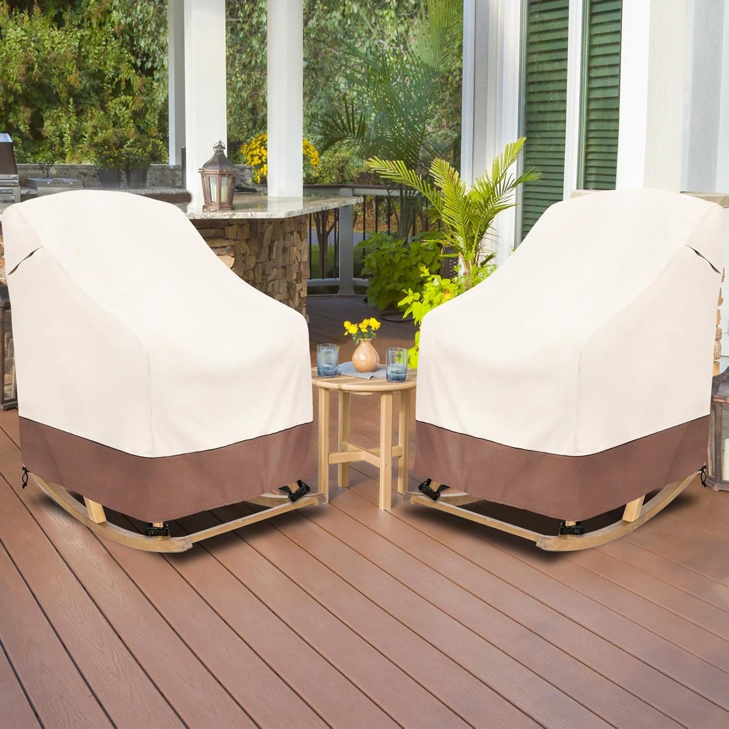 Okcool Patio Rocking Chair Cover 2-Pack,Rocking Chair Covers for Outdoor Furniture, 27''W x 34''D x 45''H Inch,Rocking Chair Covers Waterproof,Beige & Brown