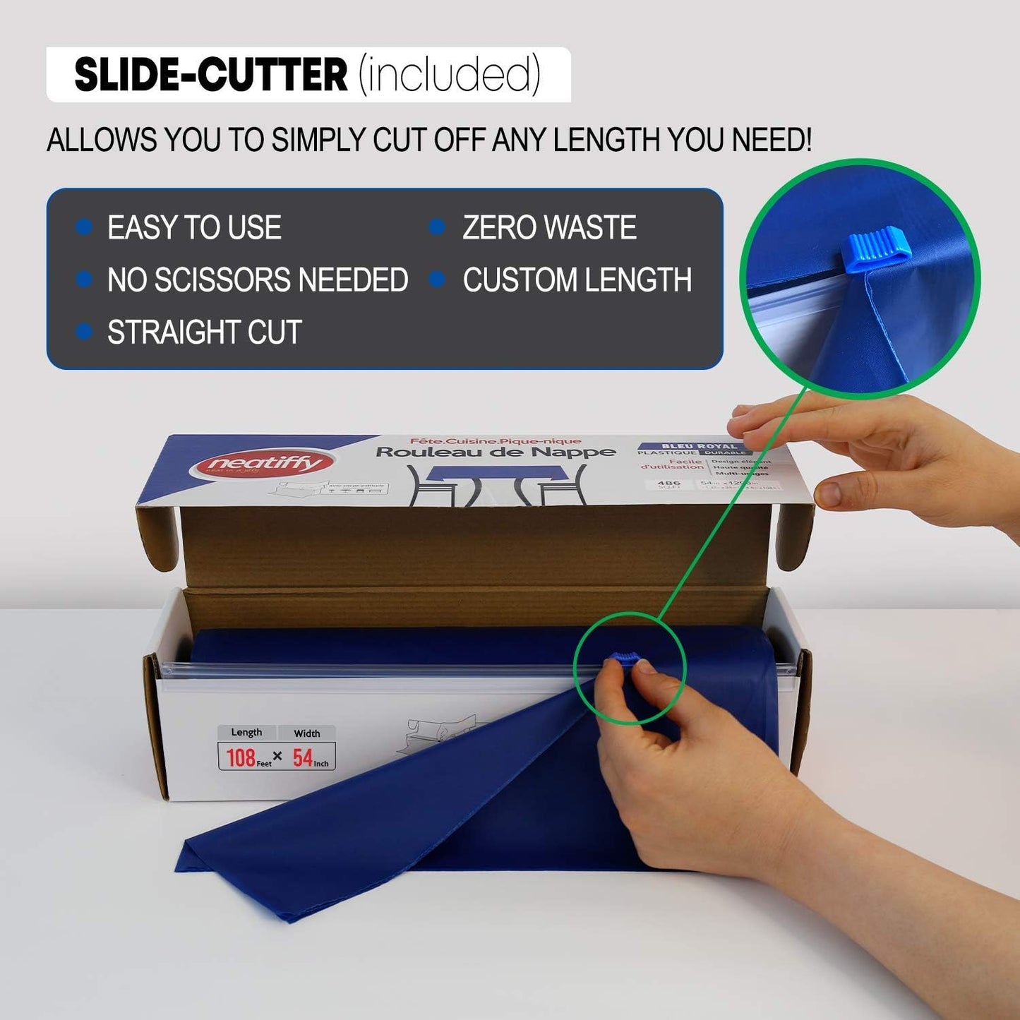 Neatiffy Disposable Plastic Table Cloth Roll | 54 in x 108 Ft Waterproof Tablecloth | Table Cover for Rectangle, Square, Round Oval Tables | Picnic, Party, Banquet, Birthdays, Weddings - Royal Blue