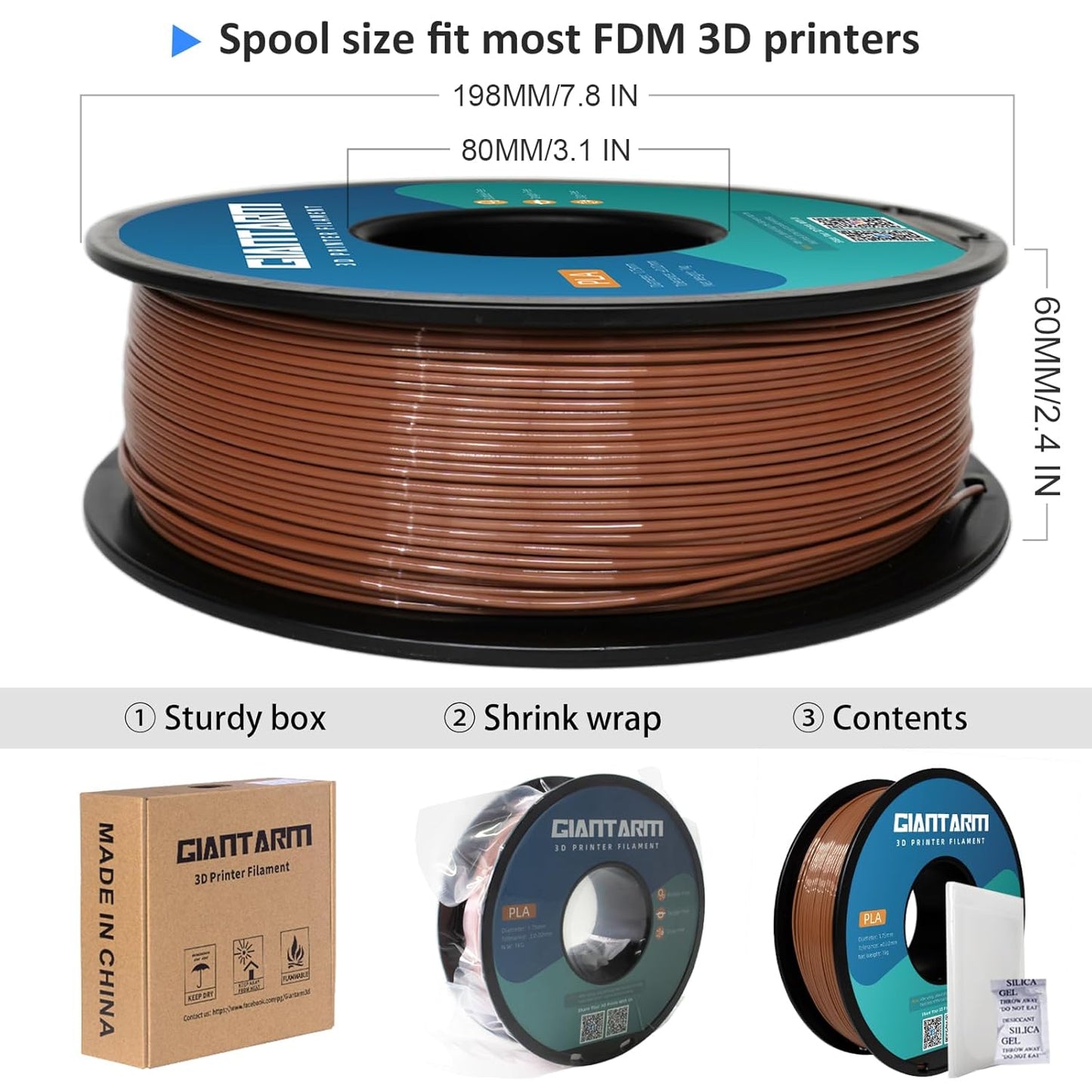 GIANTARM PLA Filament,Brown 3D Printer Filament 1Kg(2.2lbs) Spool,1.75mm Dimension Accuracy +/- 0.03mm,Fit Most FDM 3D Printers