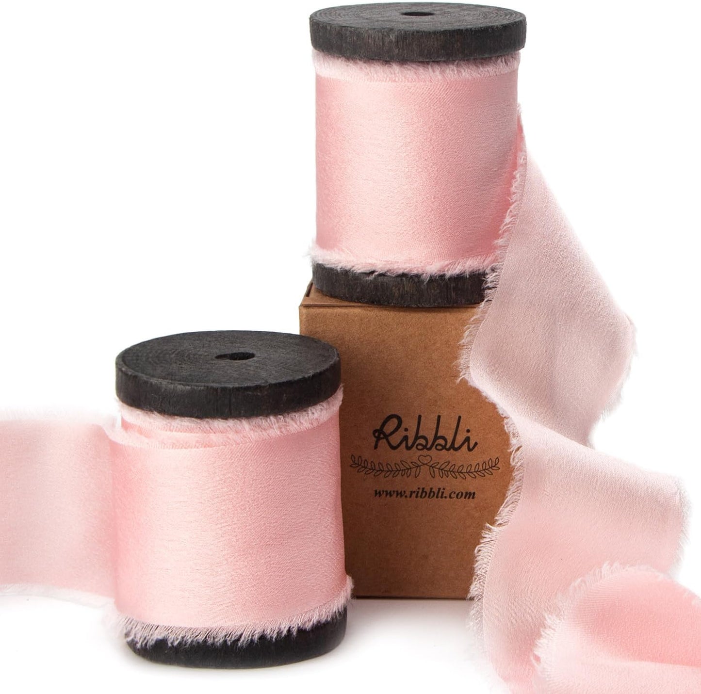 Ribbli Light Pink Silk Satin Ribbon 1.5 Inch x 12 Yard Handmade Frayed Chiffon Ribbon with Wooden Spool for Gift Wrapping, Wedding Invitations, Bridal Bouquets, Home Decor