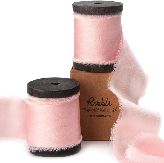 Ribbli Light Pink Silk Satin Ribbon 1.5 Inch x 12 Yard Handmade Frayed Chiffon Ribbon with Wooden Spool for Gift Wrapping, Wedding Invitations, Bridal Bouquets, Home Decor