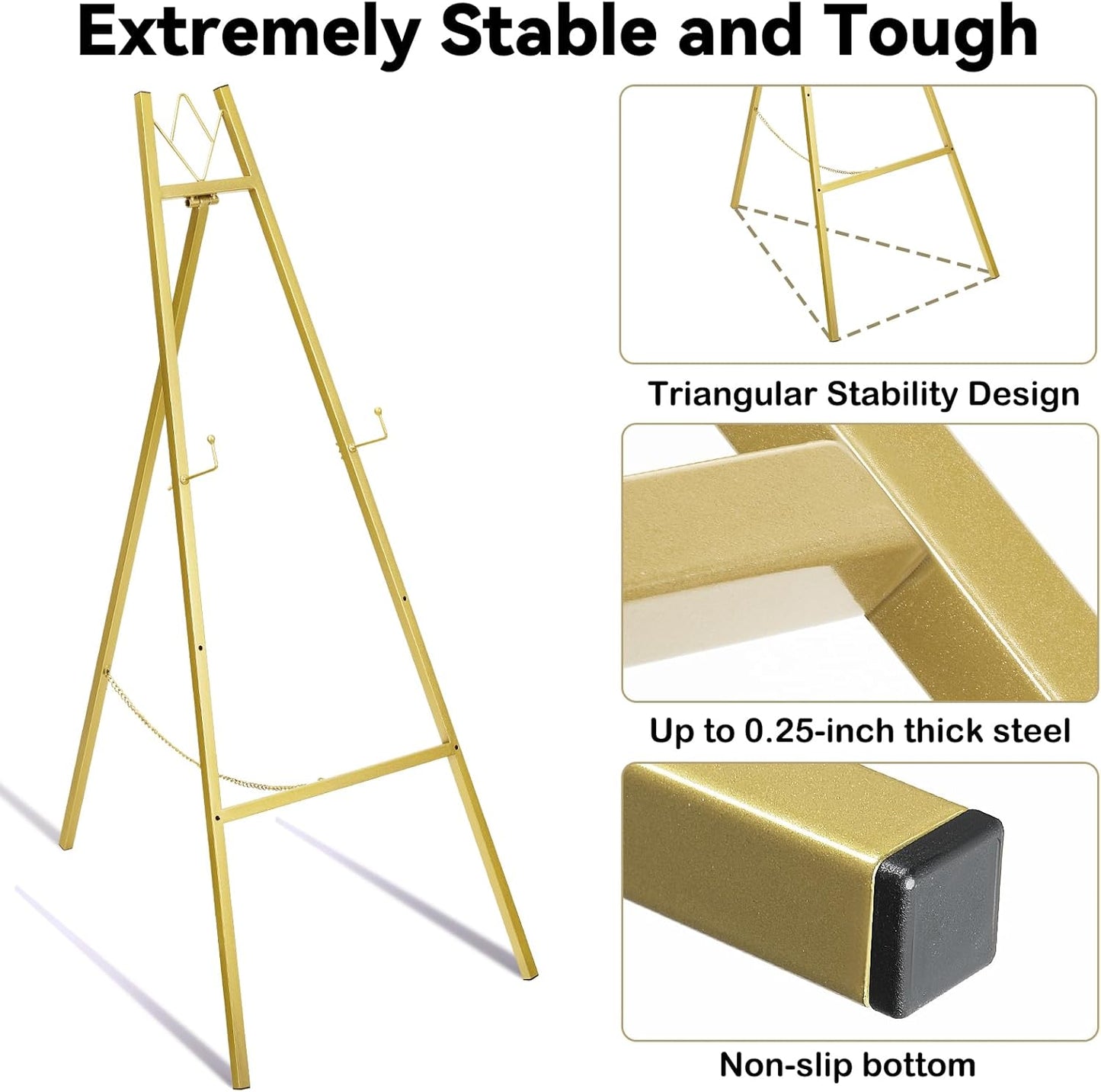GRENTY 46.7" Gold Easel Stand for Wedding Signs – No Assembly Needed, Heavy Duty Metal Display Stand for Art, Welcome Signs, Posters, Pictures, Paintings, and Floor Décor