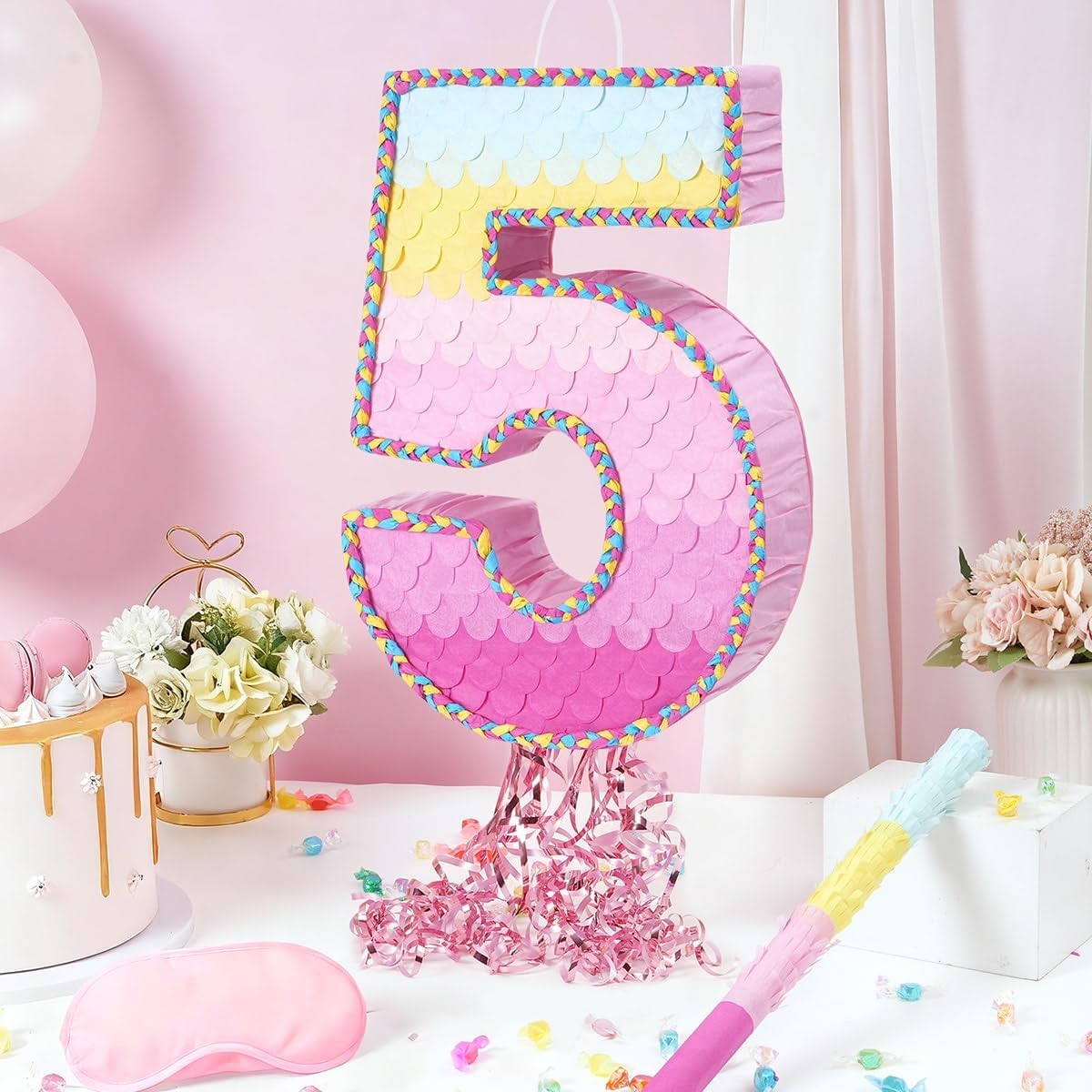 WERNNSAI Pink Sweet Five Pinata - Number 5 Pinata Happy Birthday Decoration Pink Rainbow Design Party Games for Girl Princess Baby Shower Party Favor with Blindfold Anniversary Celebration Supplies