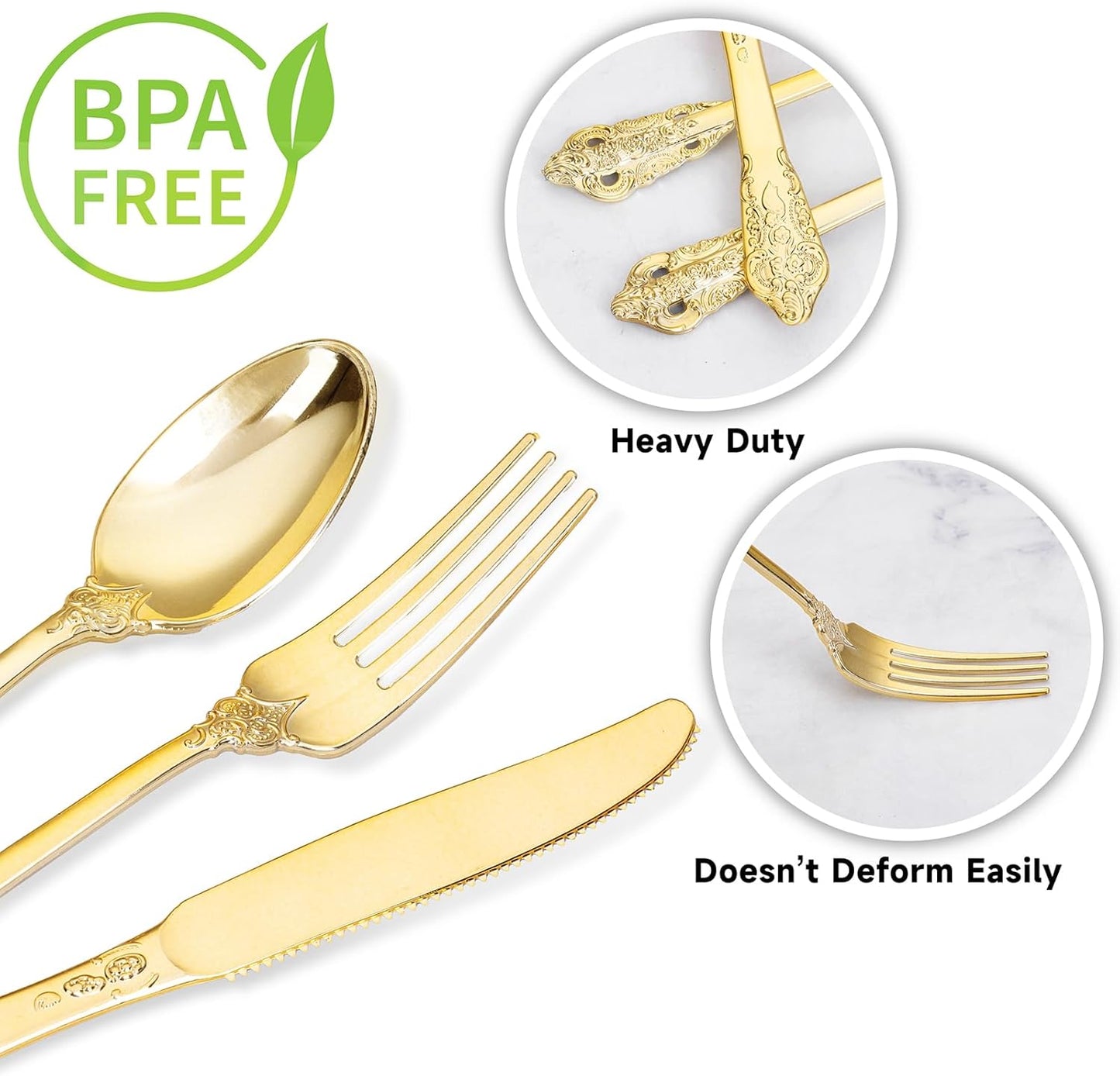 WDF 120PCS Gold Plastic Silverware - Heavy Duty Gold Plastic Cutlery Set Disposable Utensils - 40 Forks, 40 Spoons, 40 Knives, Perfect for Thanksgiving Party/Weeding and Daily Use