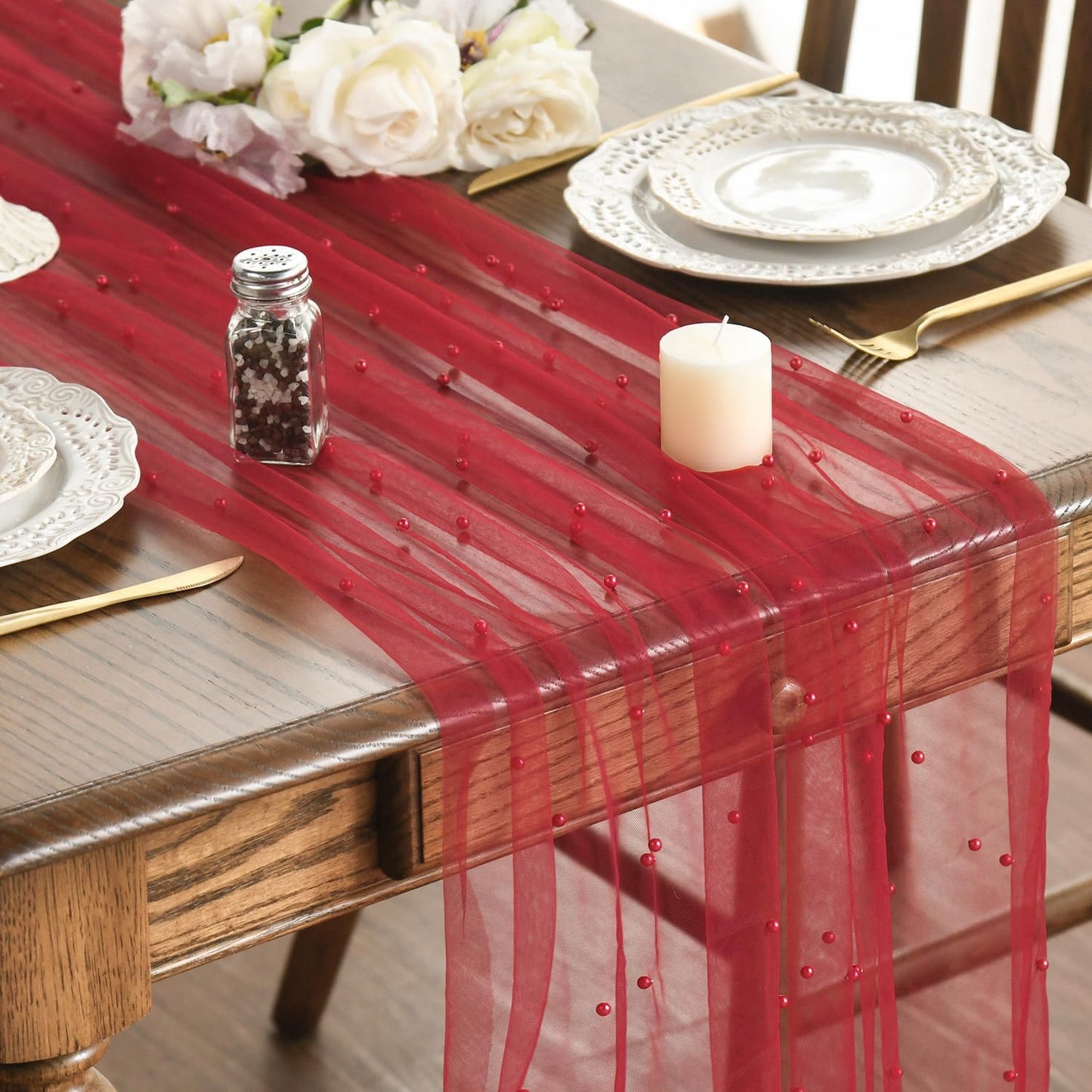 Artoid Mode Pearl Red Gauze Table Runner 59x120 Inch , Seasonal Sheer Kitchen Dining Holiday Wedding Birthday Baby Shower Table Decor for Home Party