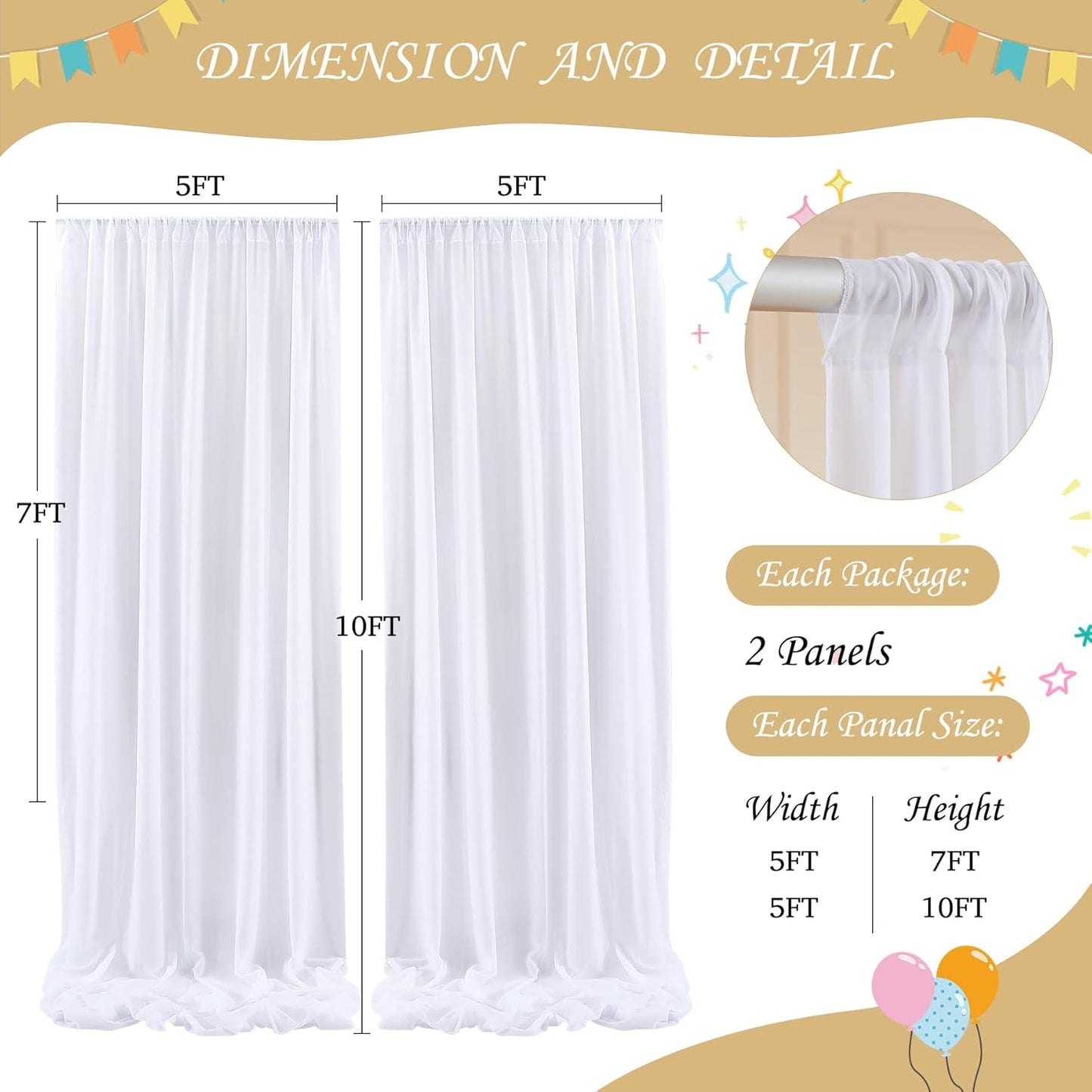 10ft x 7ft White Chiffon Backdrop Curtain with Lights String for Parites Wedding Wrinkle Free Curtain Photo Backdrops Drapes for Baby Shower Birthday Party Home Decorations