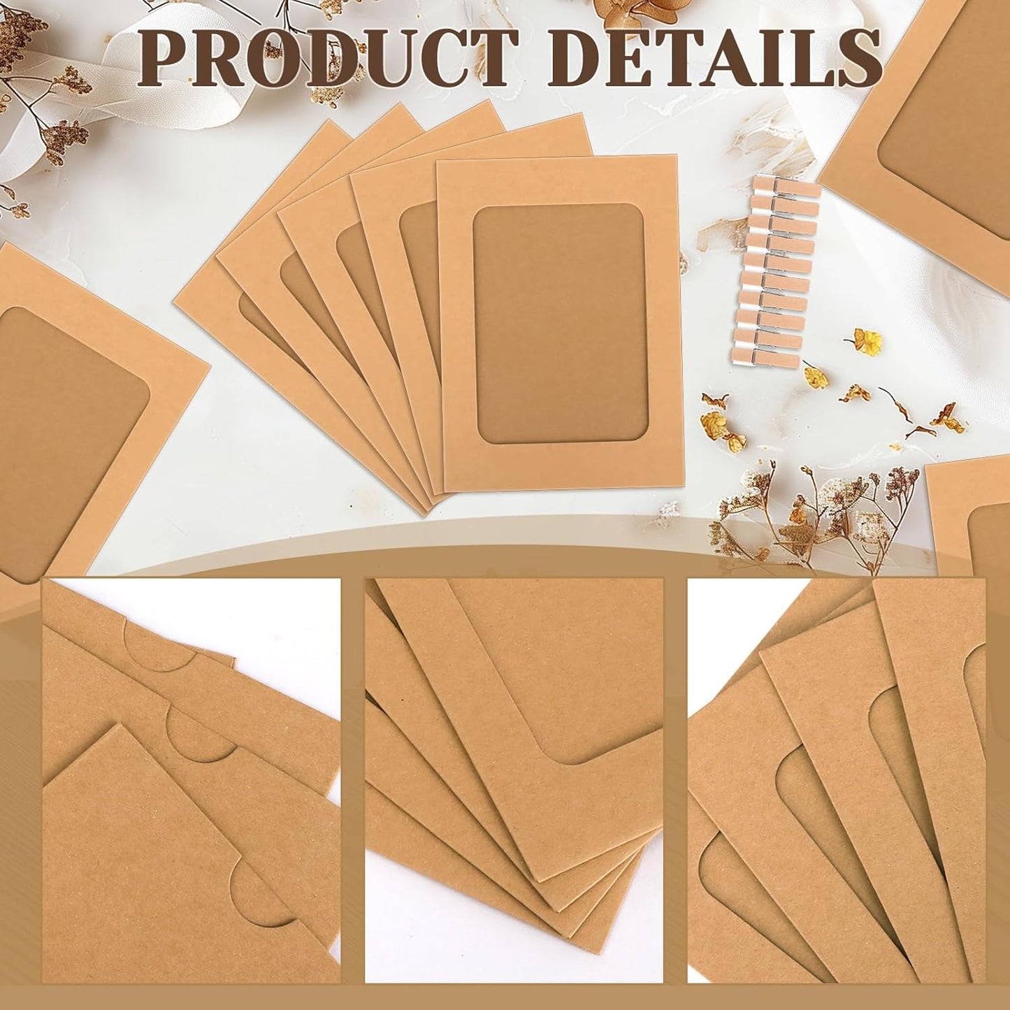 100 Pack Paper Picture Frames, 4x6 Inch Photo Strip Frame Hanging Photo Display Banner, Kraft Photo Holder with Wooden Clips and String for Wall Decor and Party Supplies