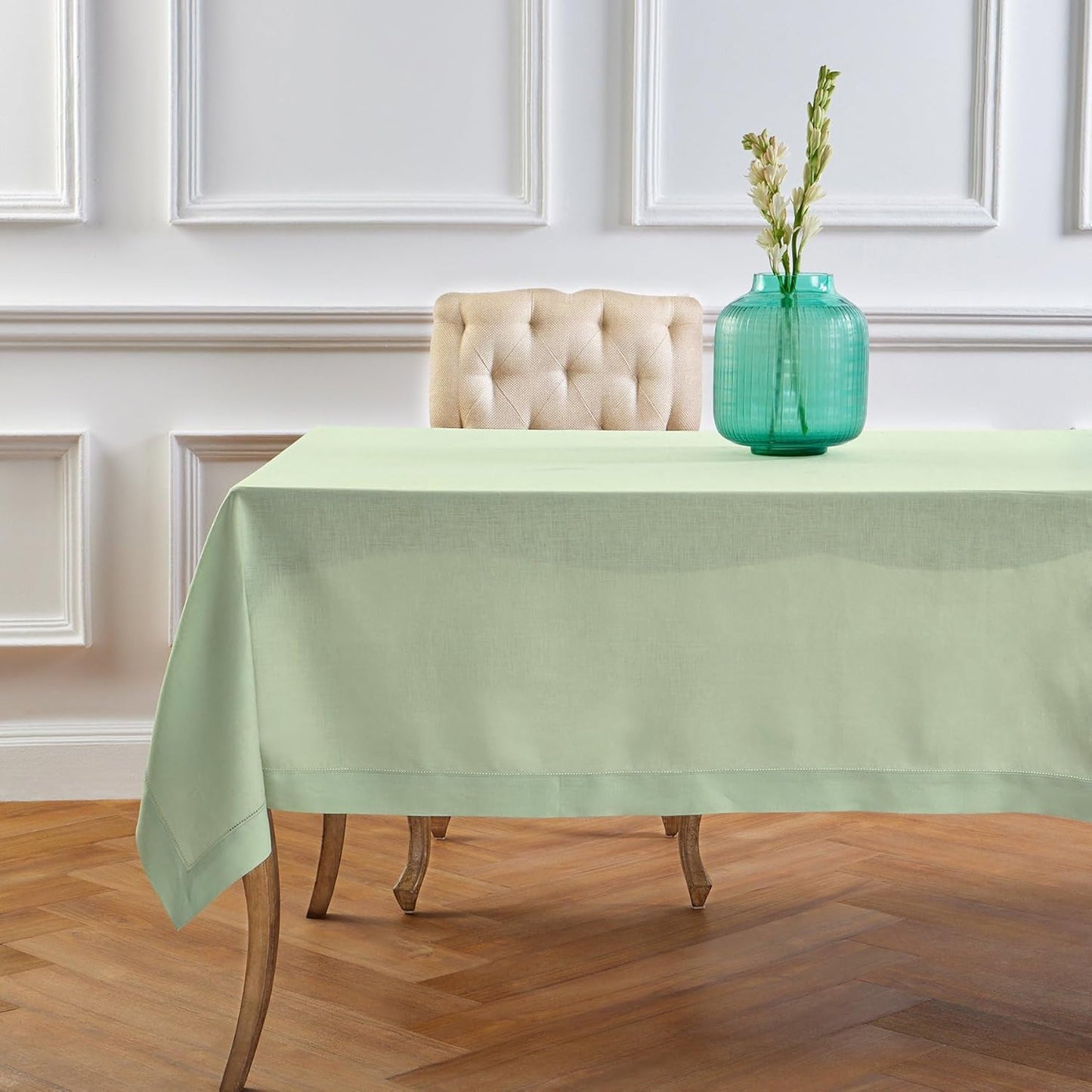 Solino Home Linen Tablecloth for Rectangle Tables 60 x 120 Inch - Classic Hemstitch 100% Pure Linen Light Green Table Cloth - Machine Washable Cloth Tablecloth