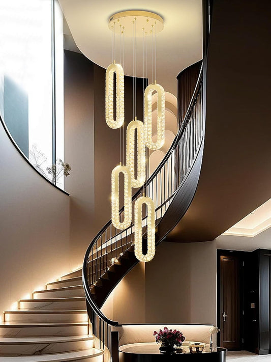 5 Rings Crystal Chandeliers for Staircase Large Pendants Light Fixture Gold High Ceiling Chandelier for Entryway Bedroom Foyer 2700K-6000K