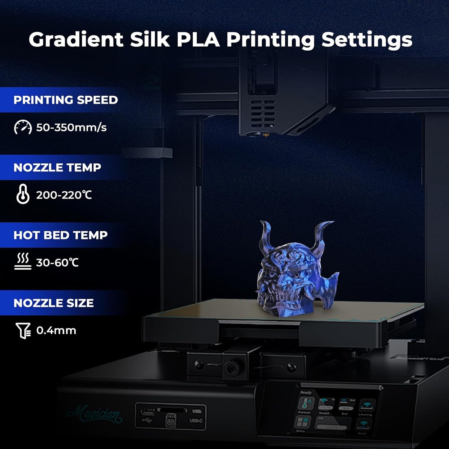 AMOLEN Silk PLA 3D Printer Filament, Dual Color Black Blue PLA 1.75mm, Shiny Color Change Filament 3D Printing PLA Filament for Most FDM 3D Printer, 1kg Spool(2.2lbs)