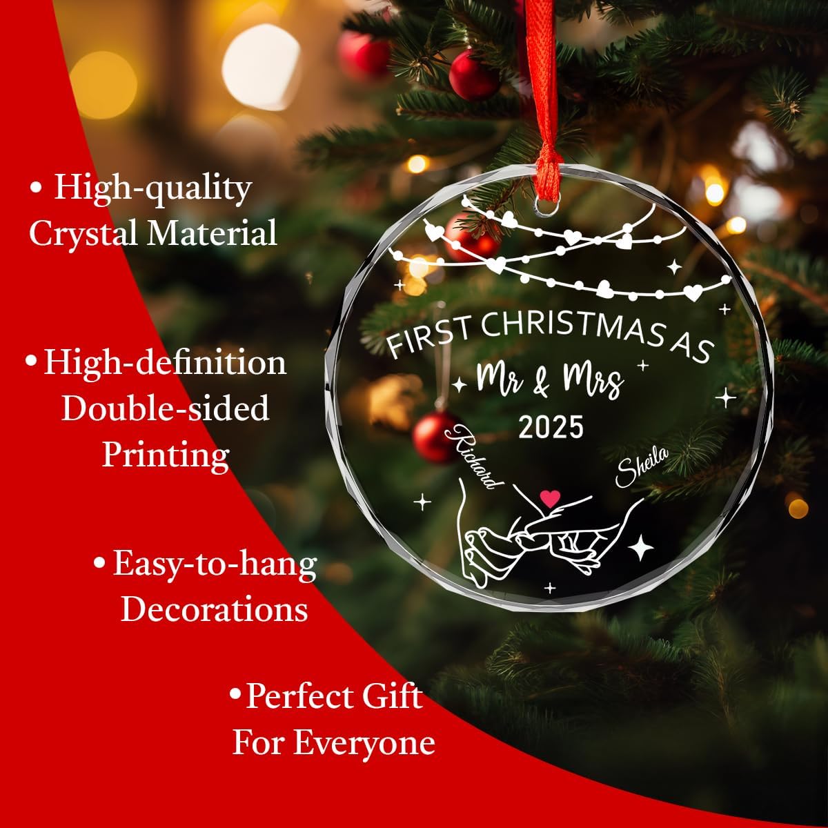 Personalized Christmas Ornaments with Names, Couple Glass Ornament, Custom Wedding Gifts for Couples 2025, Wedding Gift Ideas for Newly Wed Couple, Bride, Bridal Shower, Future Mr & Mrs (C5)
