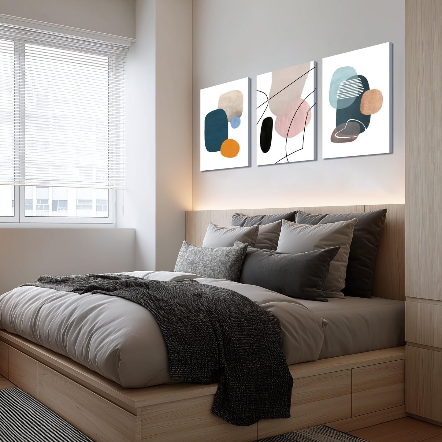 IAFWZX Framed Abstract Geometric Wall Art, Orange Blue Beige Color Block Wall Decor, Modern Minimalist Canvas Painting, Neutral Boho Colorful Geometric Aesthetic Picture for Living Room 12"x16"x3