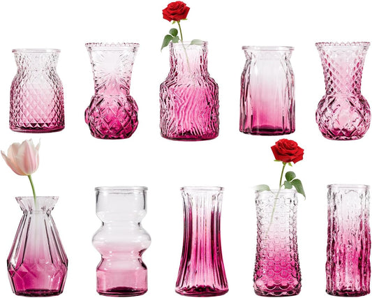 10 Pcs Pink Flower Bud Vases, Loose Transparent Flower Bud Vases, Small Vases, Decorative Vases, Family Wedding Table Decorations