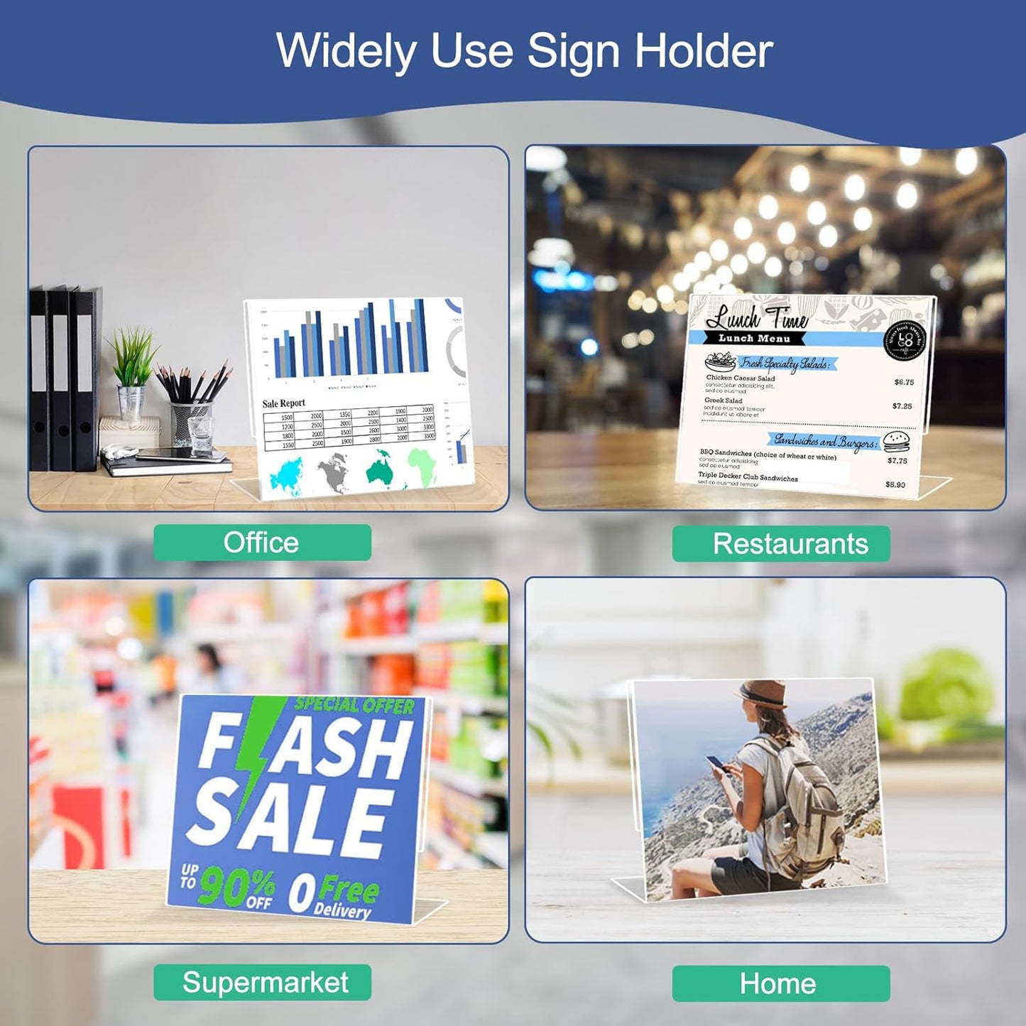 Slanted Back Acrylic Sign Holder 8.5 x 11 Horizontal, Clear Tabletop Stands for Display 11 x 8.5, Plastic Paper Holders for Office, Home, Restaurant (6 Pack)