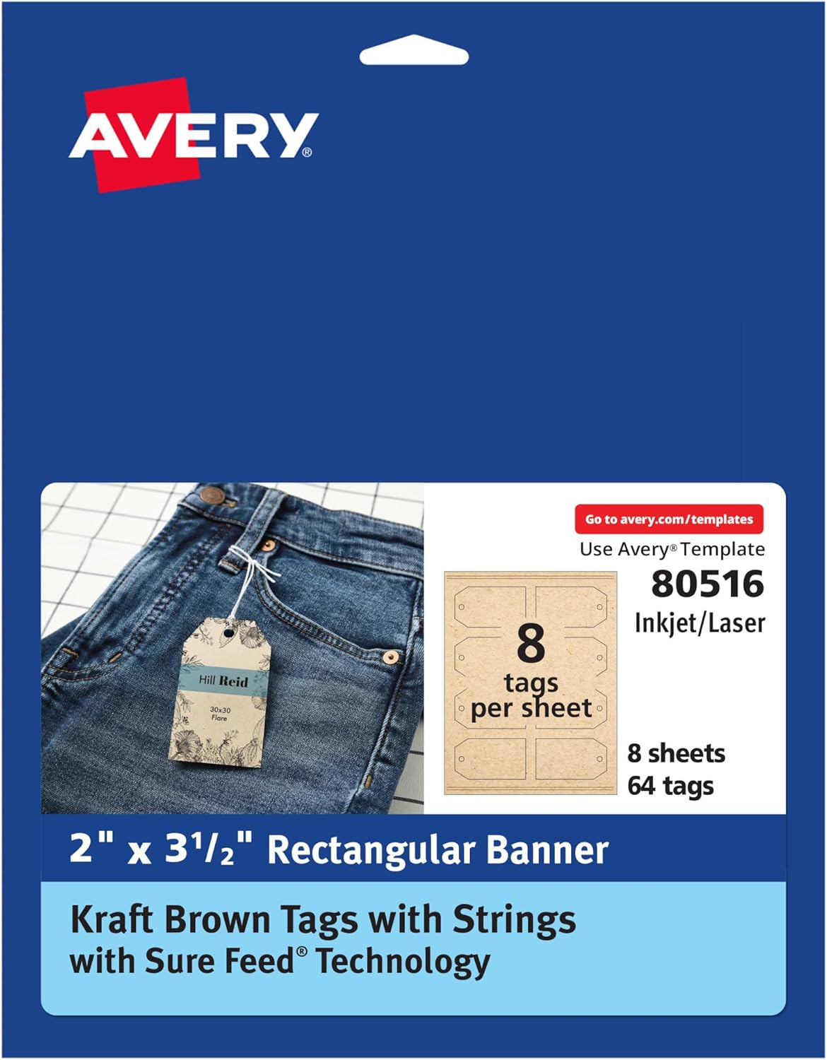 Avery Kraft Brown Banner Tags, Sure Feed Technology, 2" x 3.5", Laser/Inkjet Printable, 64 Total, Strings Included, Also Great for Gifts and Favors (80516)