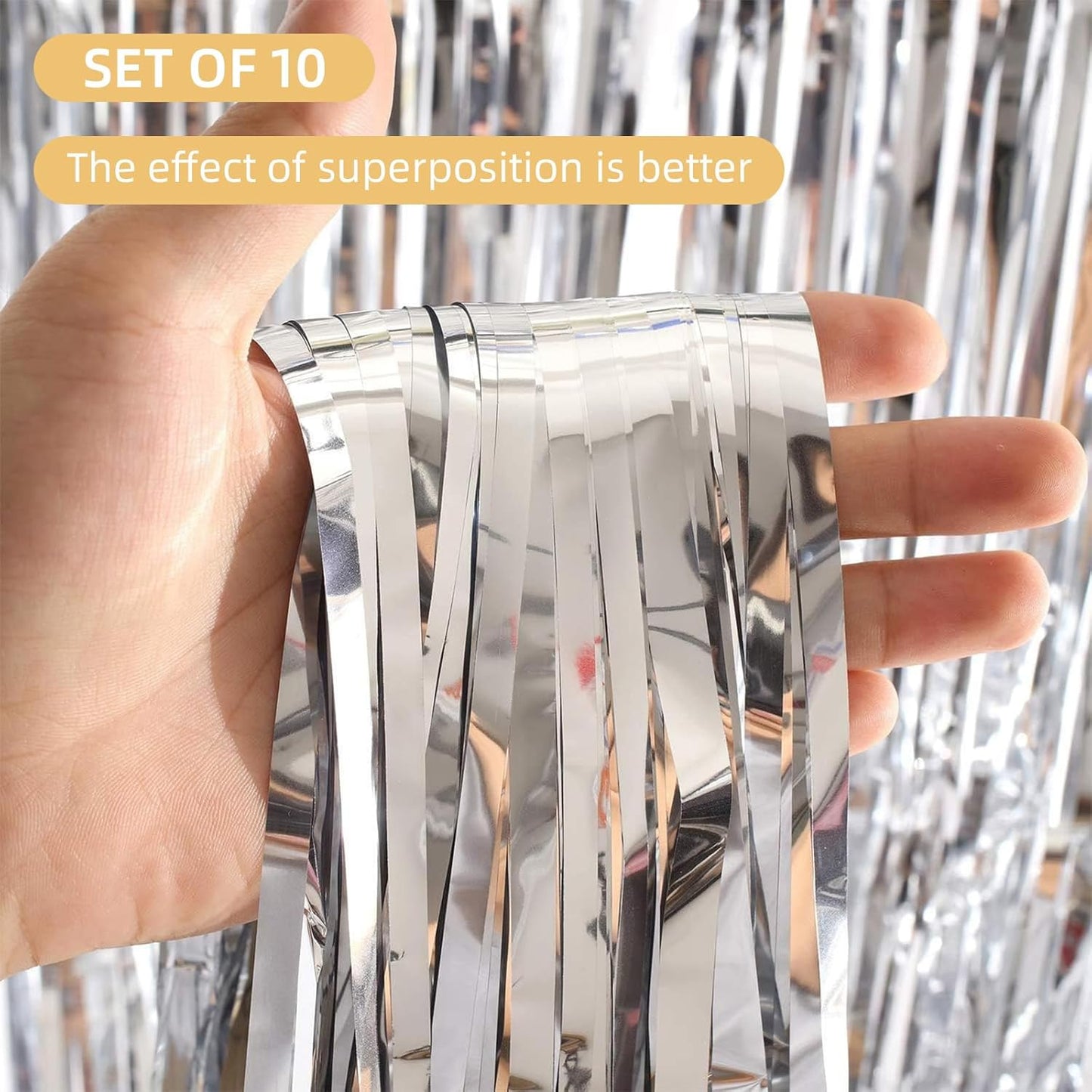 10 Pack Silver Foil Curtain Backdrop 3.2ft x 9.8ft Metallic Tinsel Foil Fringe Curtains Streamer Photo Booth Backdrop for Birthday Party Engagement Bachelorette Party Decorations (Silver)