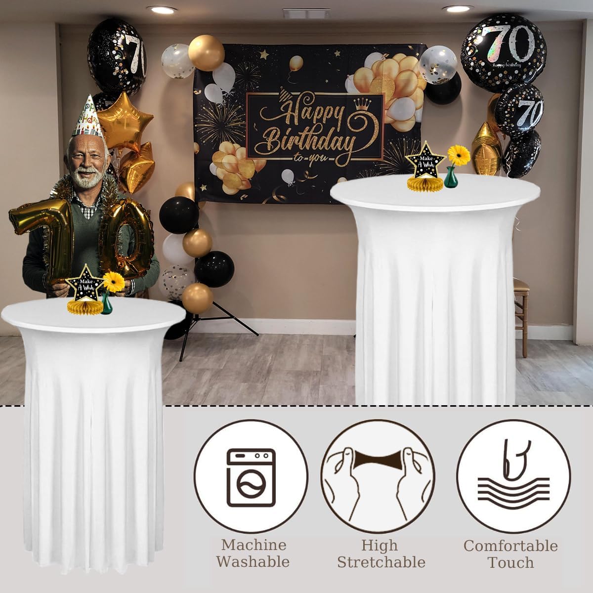 Albassa 2 Pack Cocktail Table Covers 32"x 43" Spandex Stretch Round Cocktail Tablecloths with Wavy Drapes Fitted High Top Bar Table Skirt for Wedding Party Banquet (White, 2 PCS)