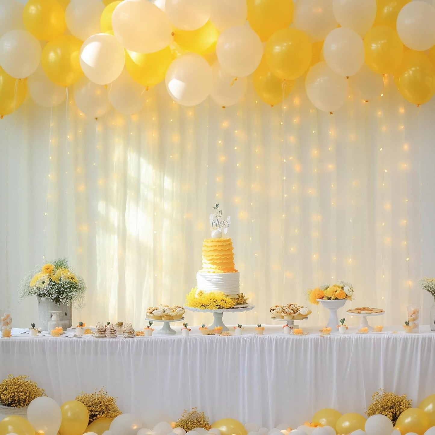 10×10ft Cream White Tulle Backdrop Curtain with Lights String for Parites, Sheer Photo Curtain Backdrop Drapes for Wedding Party Photography Backgrounds