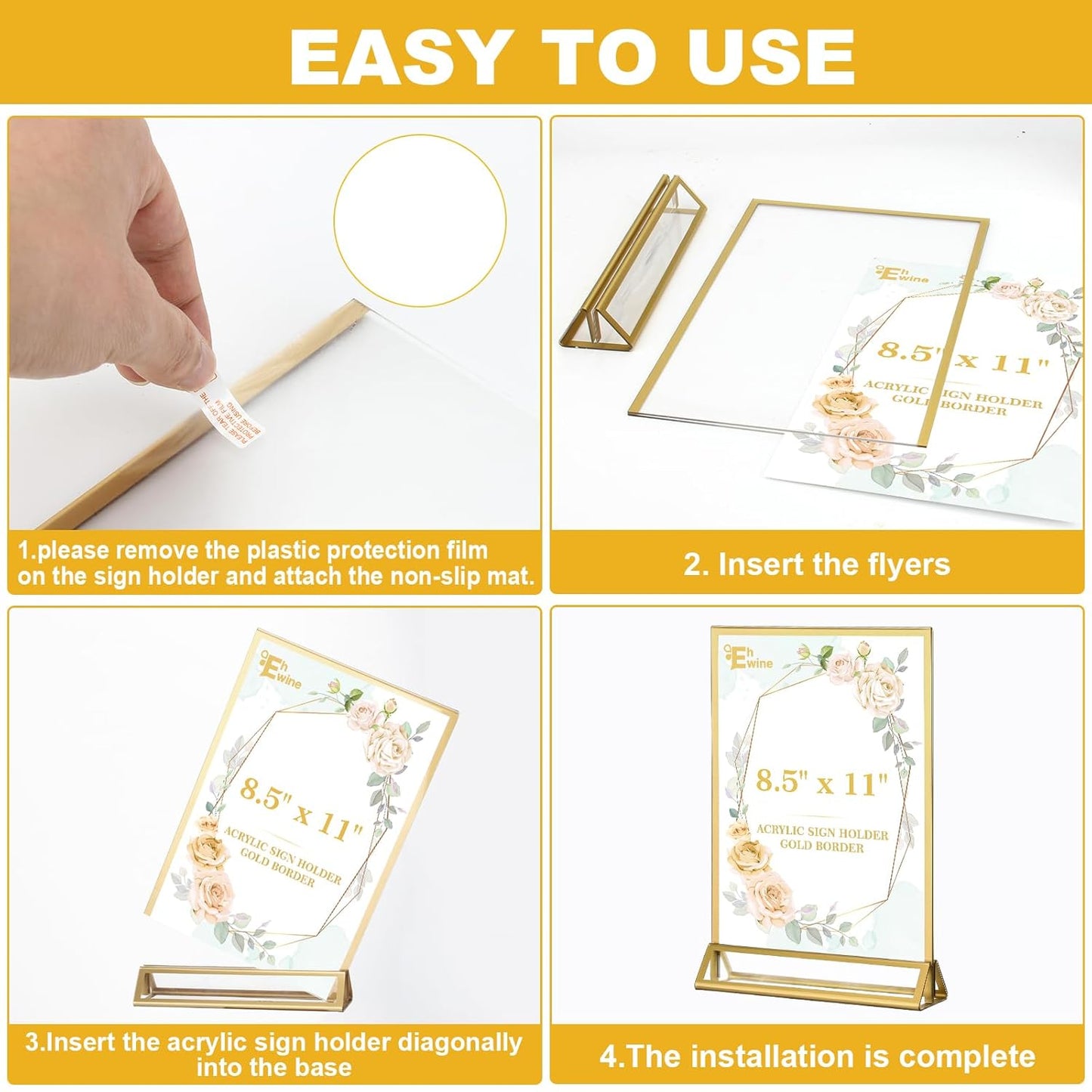 EHWINE 6 Pack 8.5×11 Clear Acrylic Sign Holder with Gold Borders and Vertical Stand, Double Sided Table Menu Holders Picture Frames for Wedding Table Numbers, Restaurant Signs, Photos and Art Display