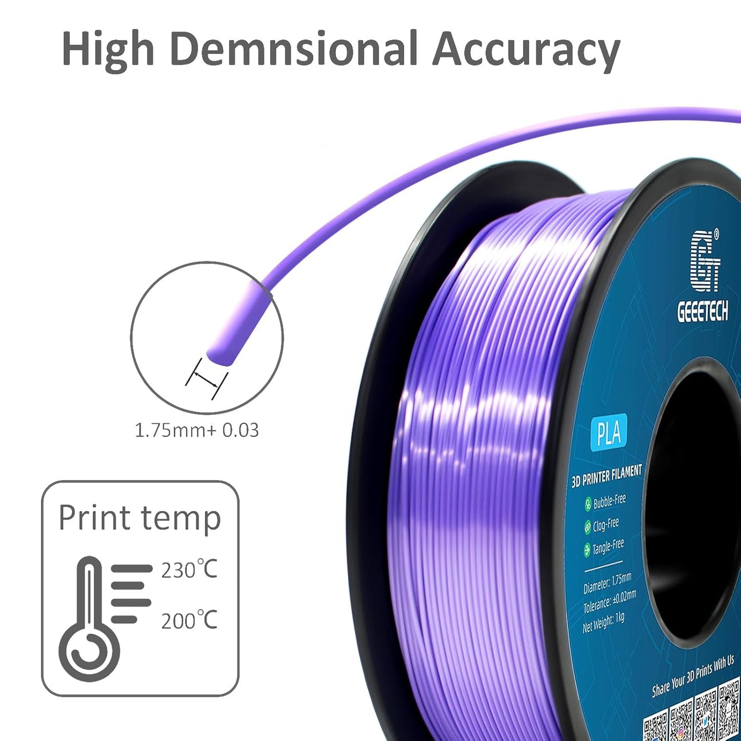 Geeetech Purple Silk PLA Filament 1.75mm for 3D Printer, Metal-Like Shiny 3D Filament 1kg (2.2lbs) 1 Spool, Dimensional Accuracy +/- 0.02 mm, Metallic Purple