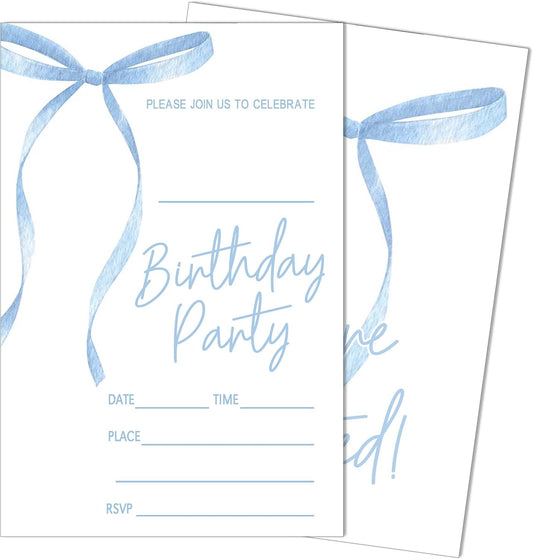 SIXEIGHT Blue Bow Birthday Invitations Blue Ribbon Bow Birthday Party Invitations 20 Party Invitations with Envelopes for Girls Boys Birthday Party Favor & Decoration (4"x6")-A07